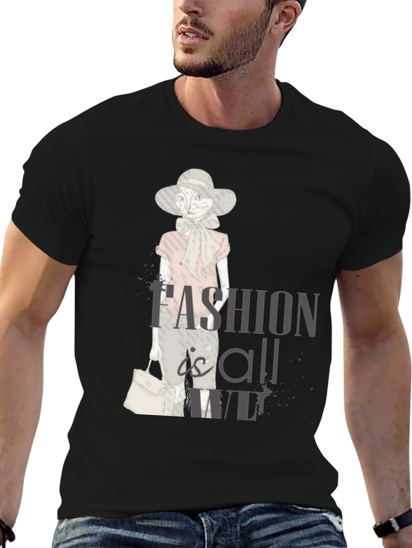 Black Stylish Cat Fashion T-Shirt - Unisex Cotton Tee view 6