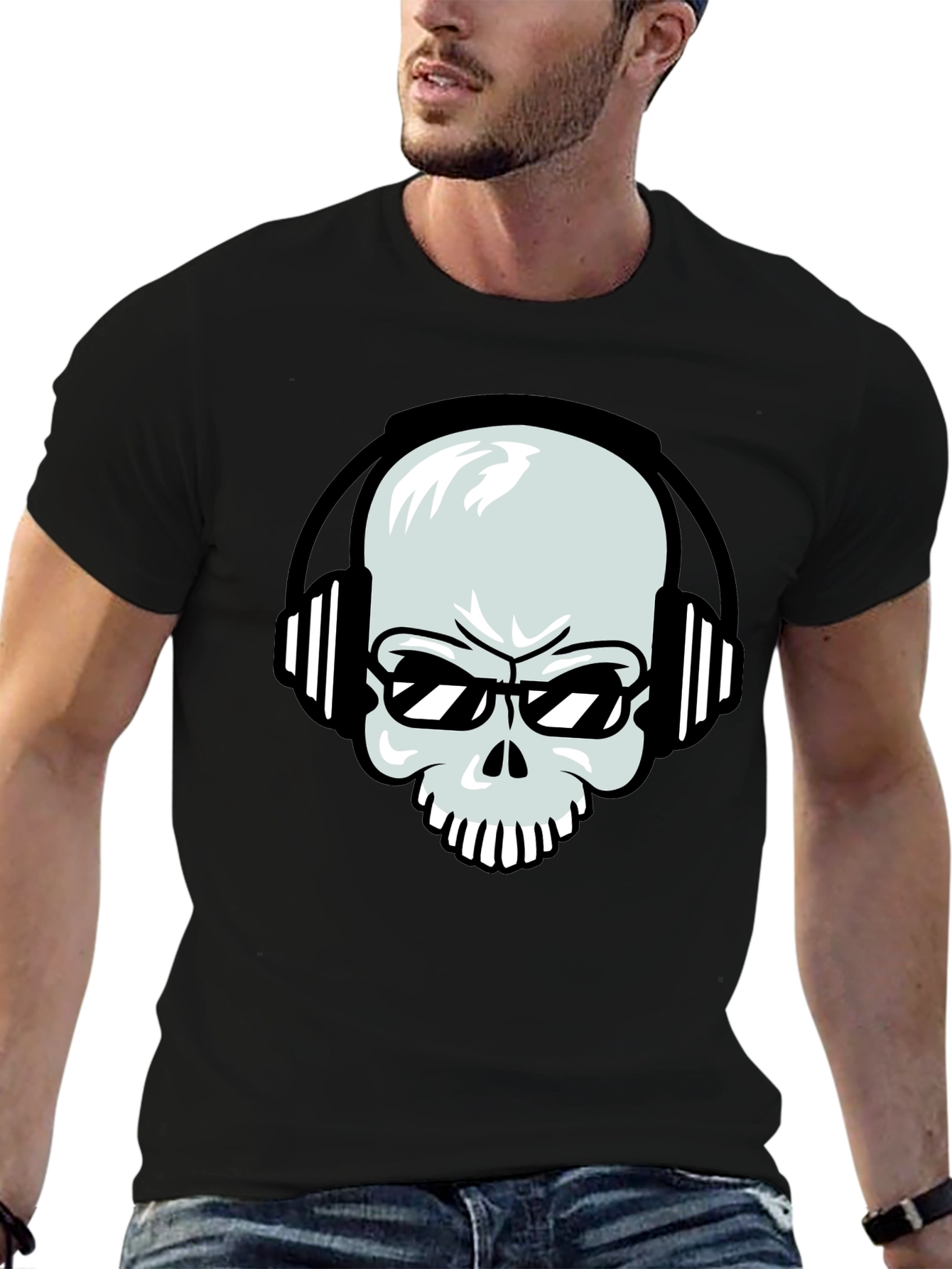 Black Skull with Headphones Graphic Tee - Black Cotton T-Shirt view 6