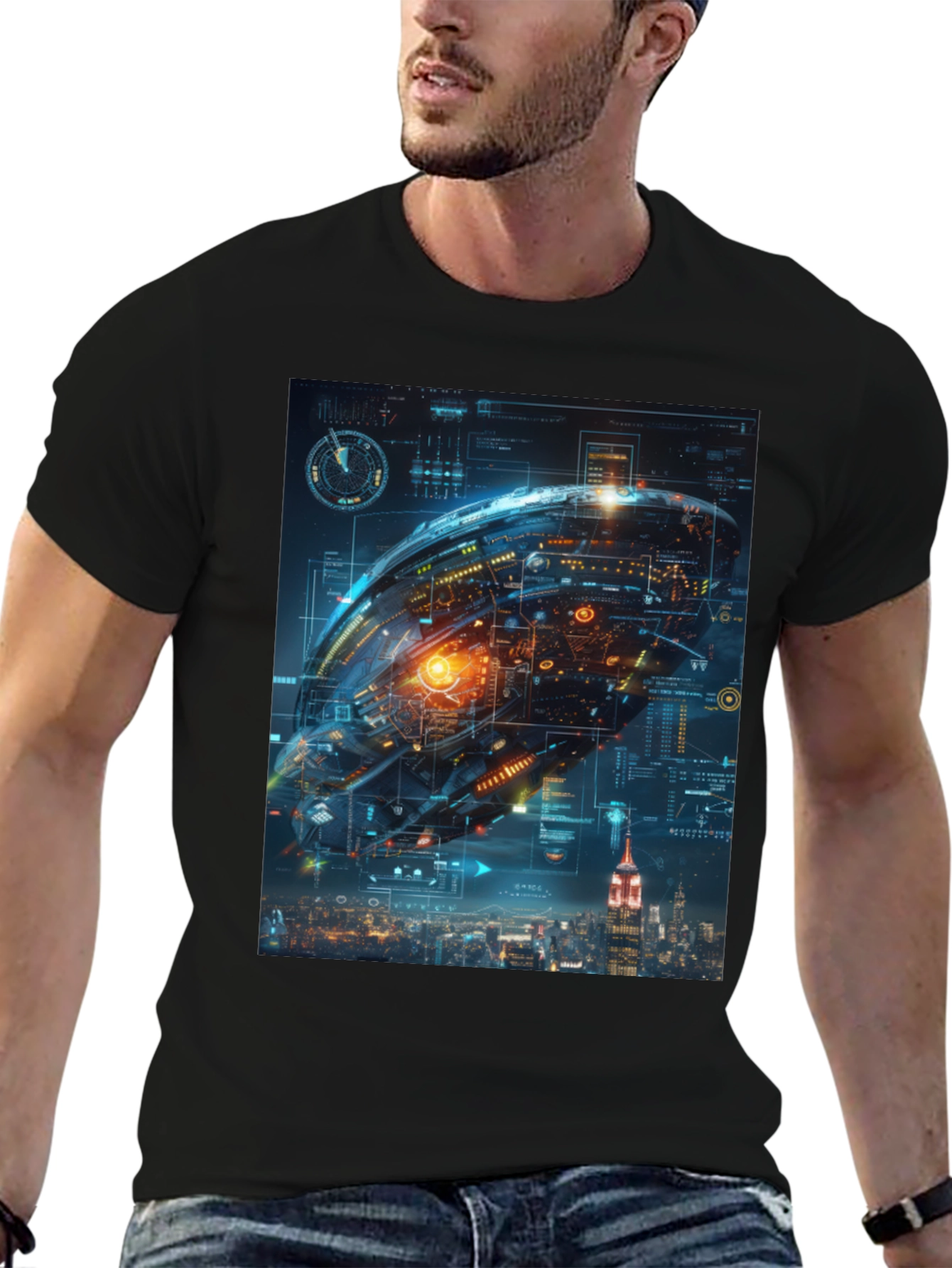 Black Sci-Fi Spaceship Over New York T-Shirt view 6