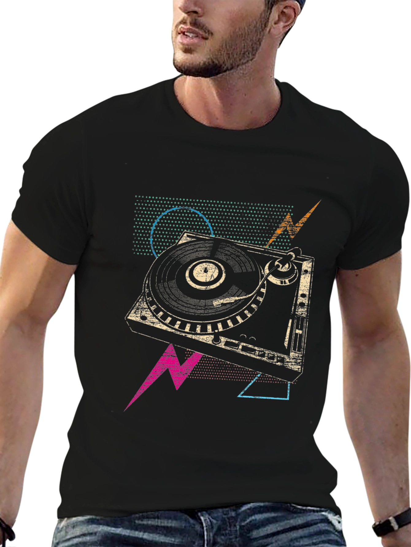 Black Retro Turntable Graphic Tee - Vintage DJ Style view 6