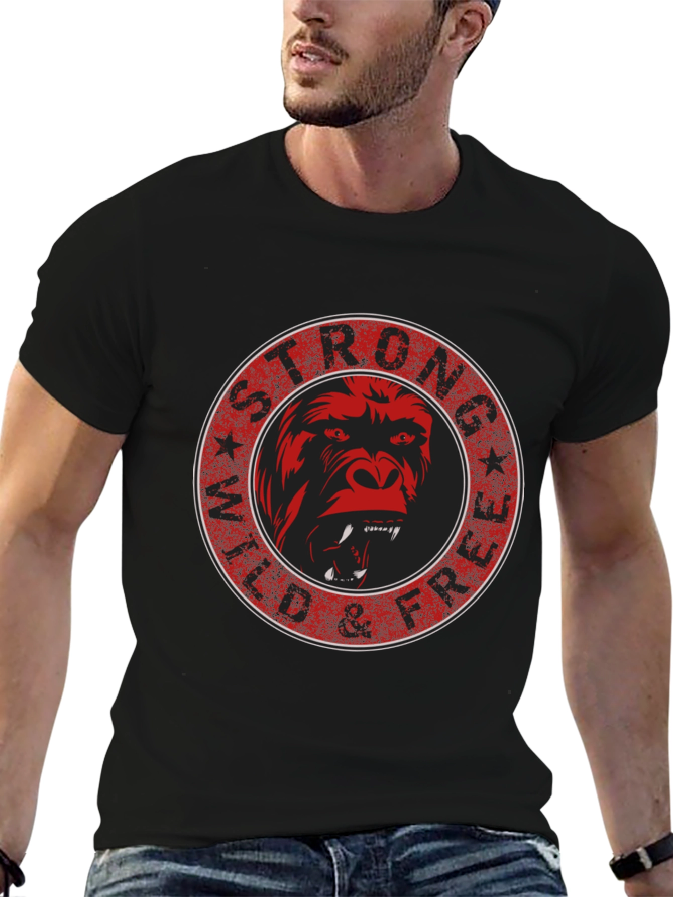 Black Strong Wild & Free Gorilla Graphic Tee view 6