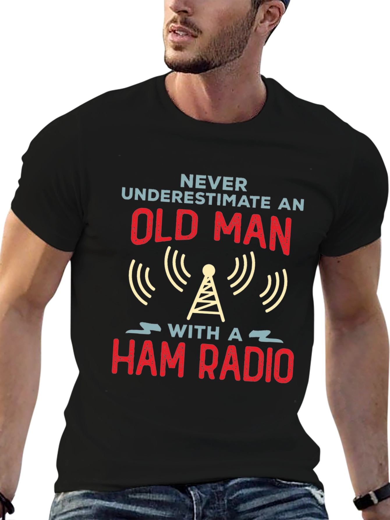 Black Never Underestimate an Old Man Ham Radio T-Shirt view 6