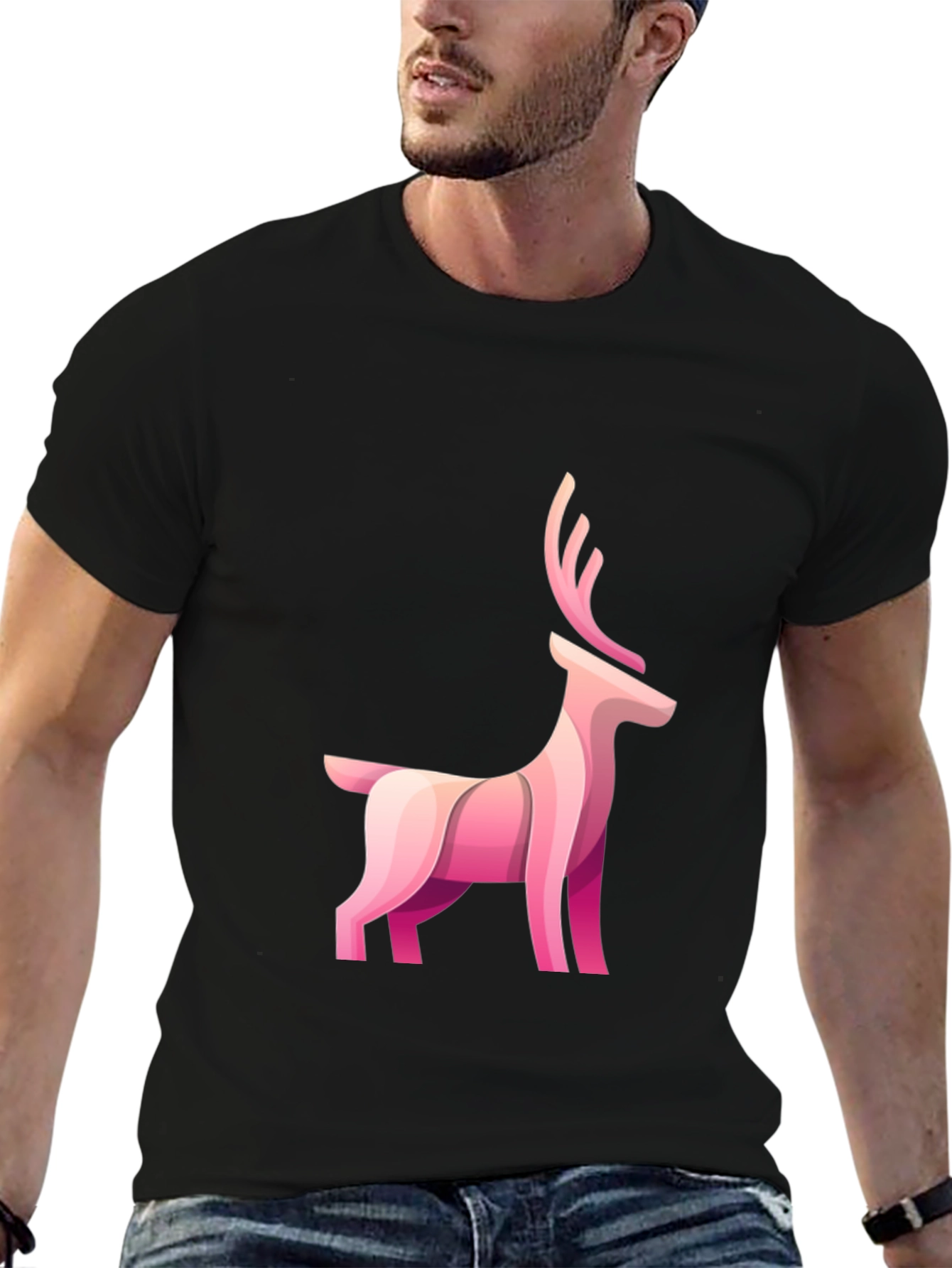 Black Stylish Black Tee with Pink Deer Graphic view 6
