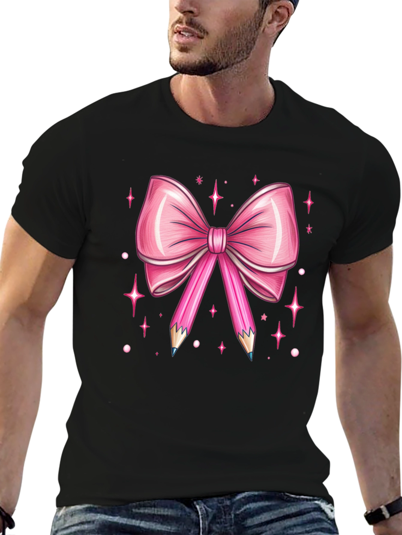 Black Pink Bow & Pencil Graphic Tee view 6