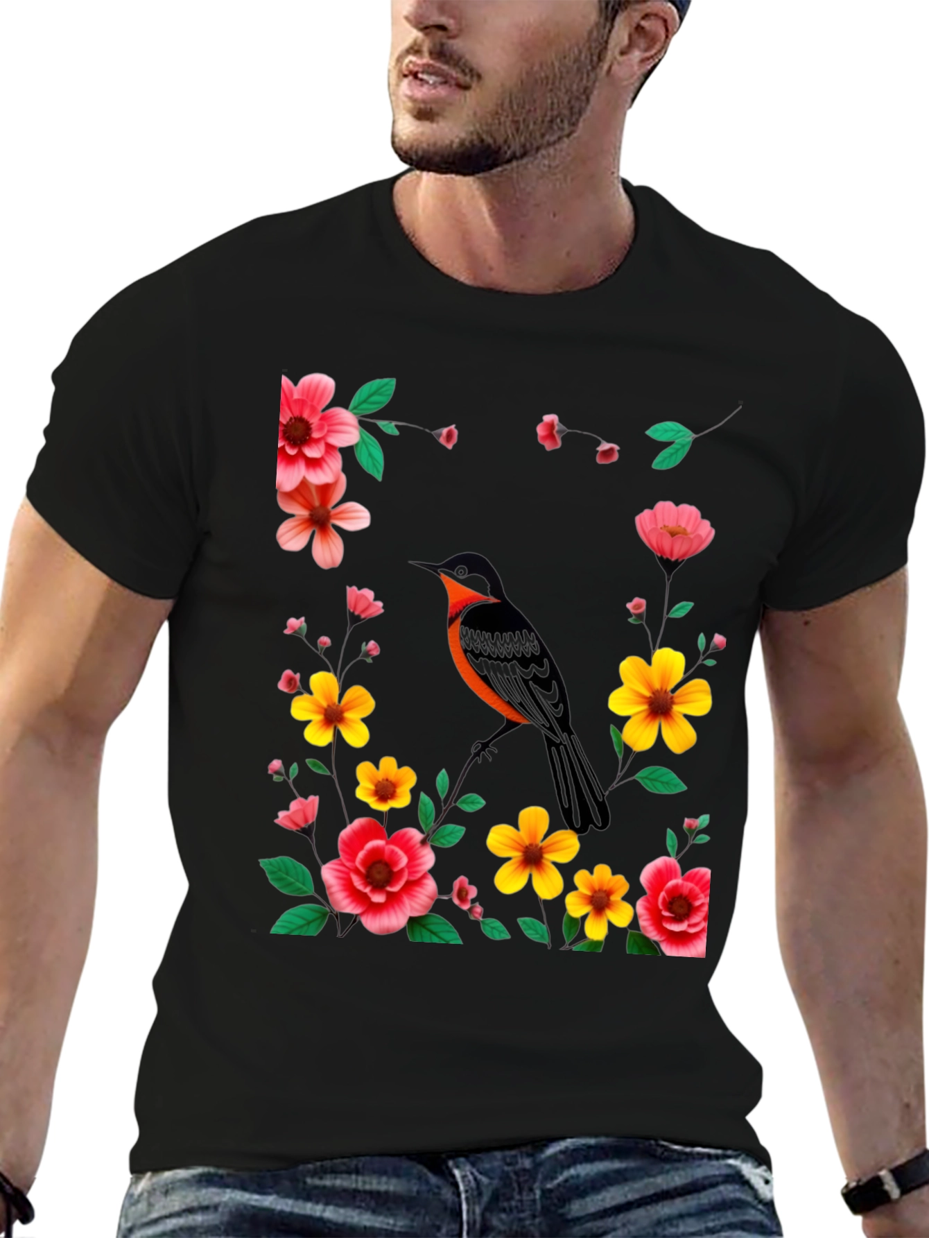 Black Floral Bird Graphic Tee - Stylish Men's Black T-Shirt view 6