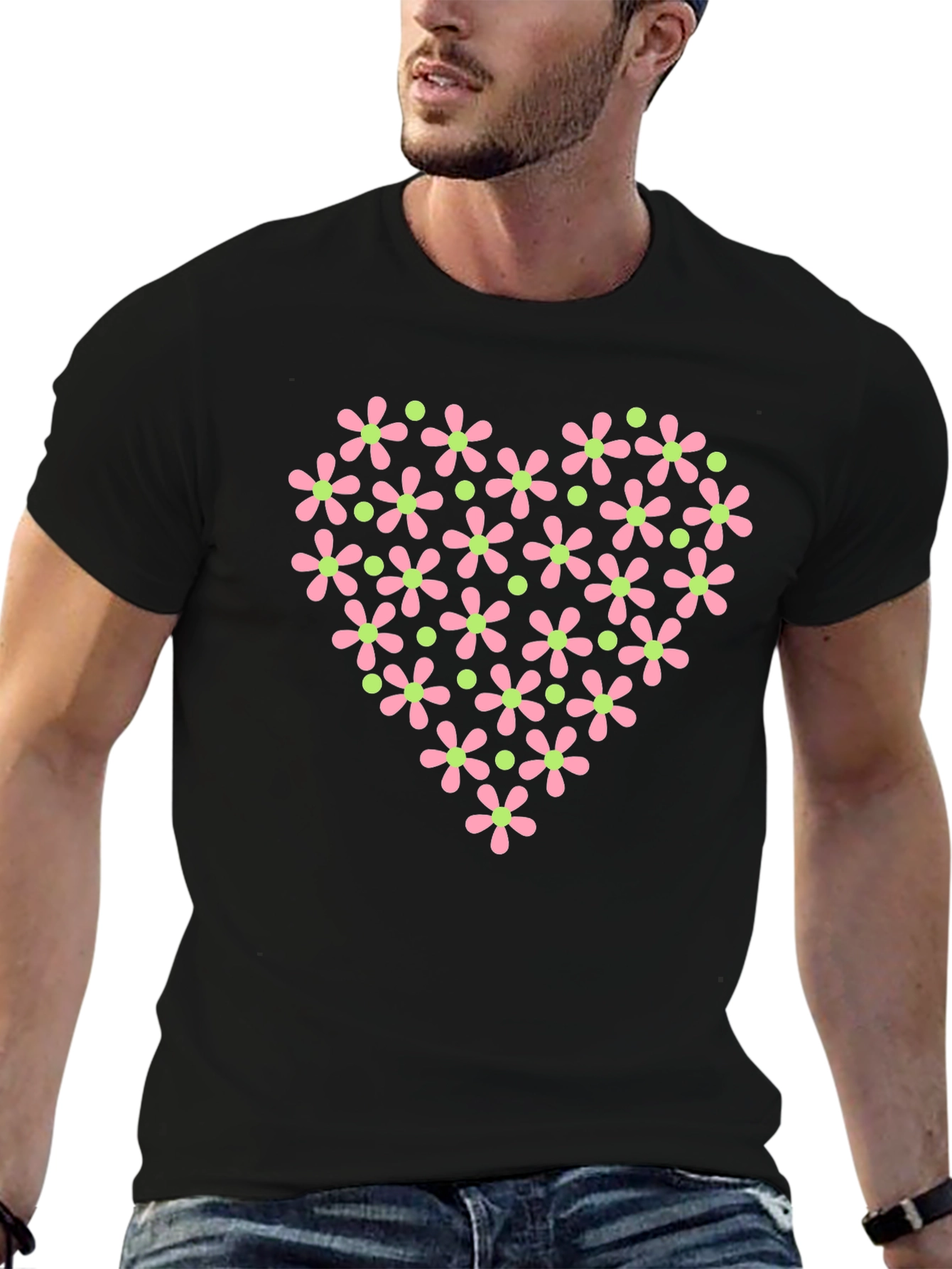 Black Floral Heart T-Shirt - Black Cotton Tee view 6