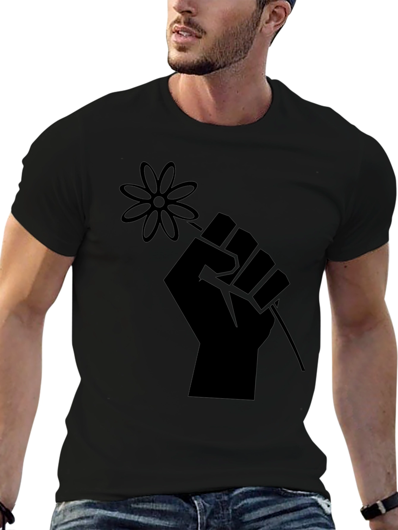 Black Black T-Shirt with Raised Fist & Flower Graphic view 6
