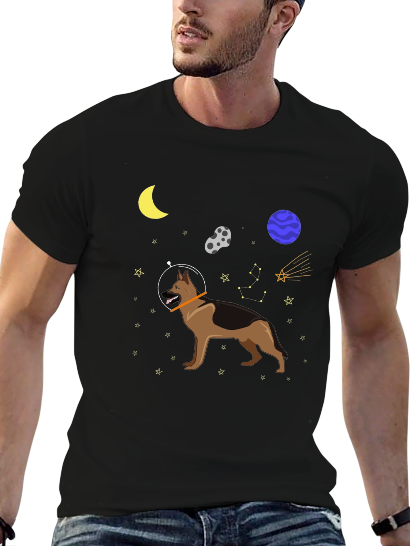 Black Space Dog Graphic Tee - Astronaut German Shepherd T-Shirt view 6