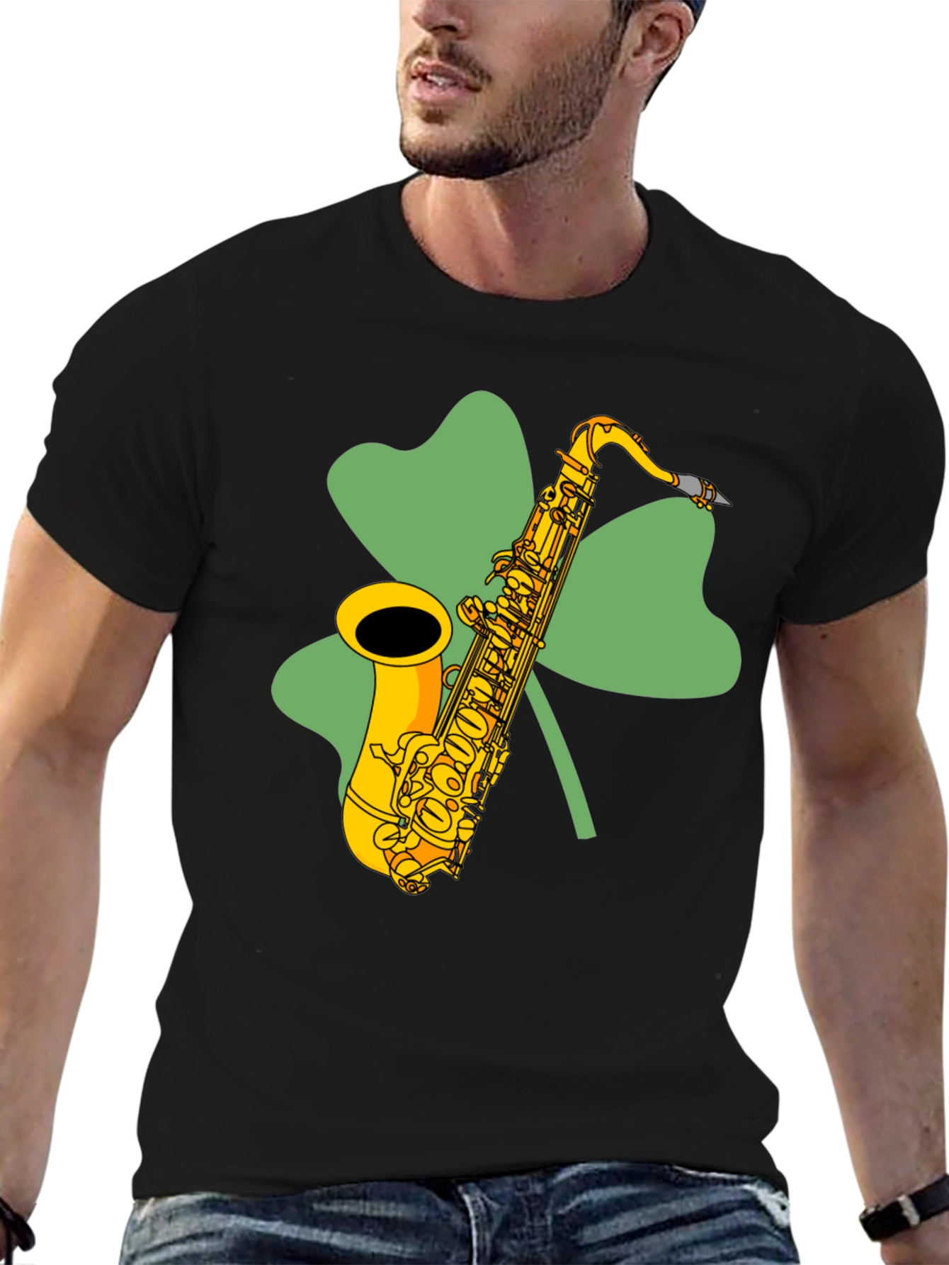Black St. Patrick's Day Saxophone Shamrock T-Shirt view 6