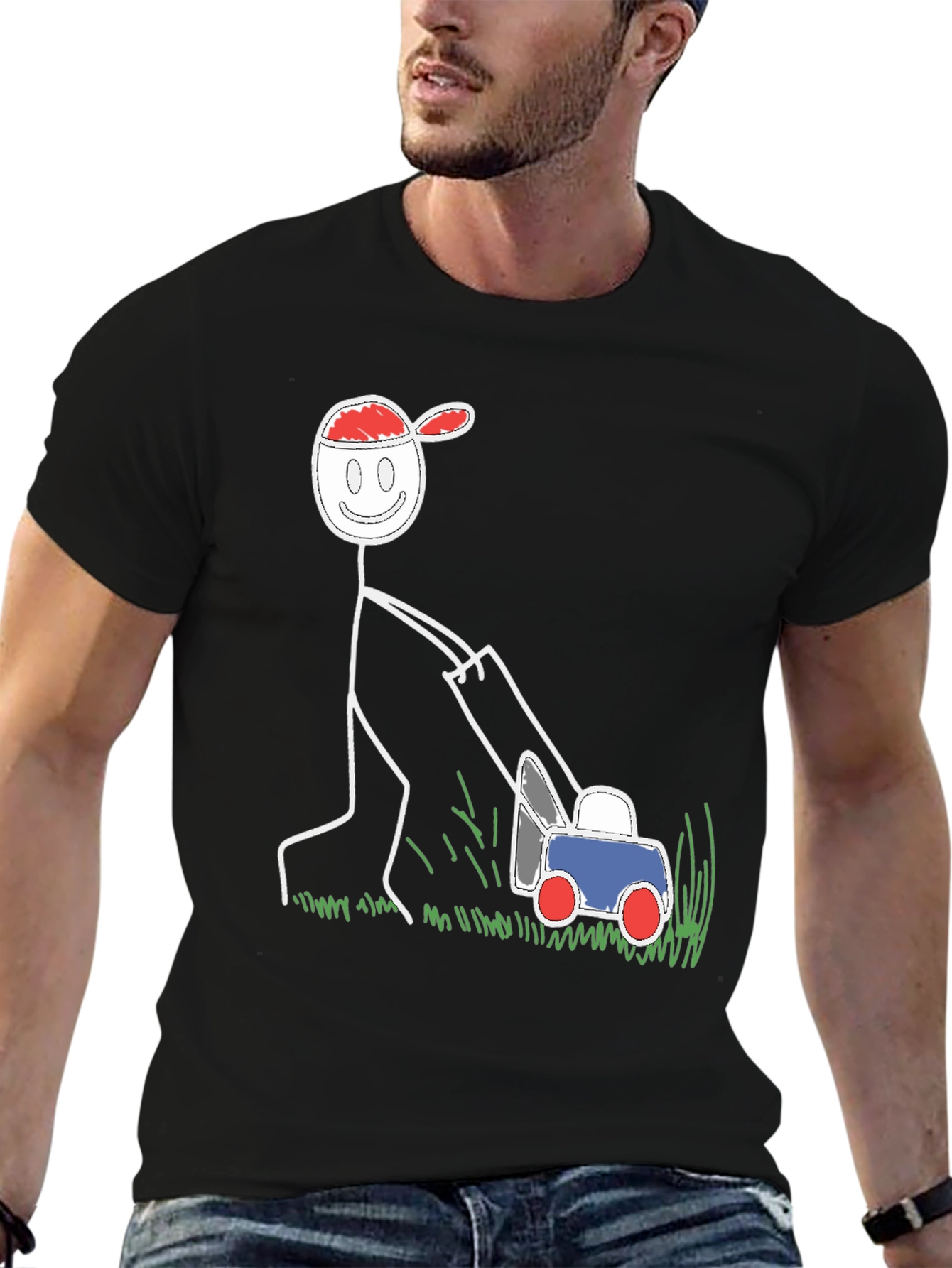 Black Funny Stick Figure Lawn Mower Graphic Tee view 6
