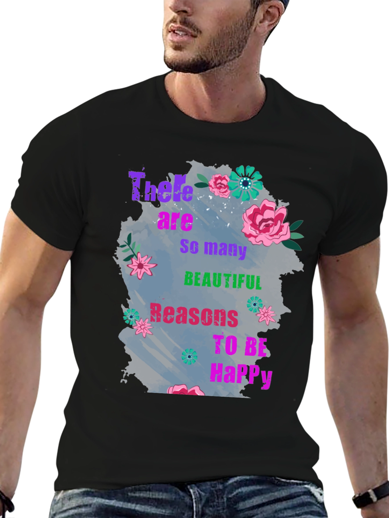 Black Floral Inspirational T-Shirt - Reasons to Be Happy view 6