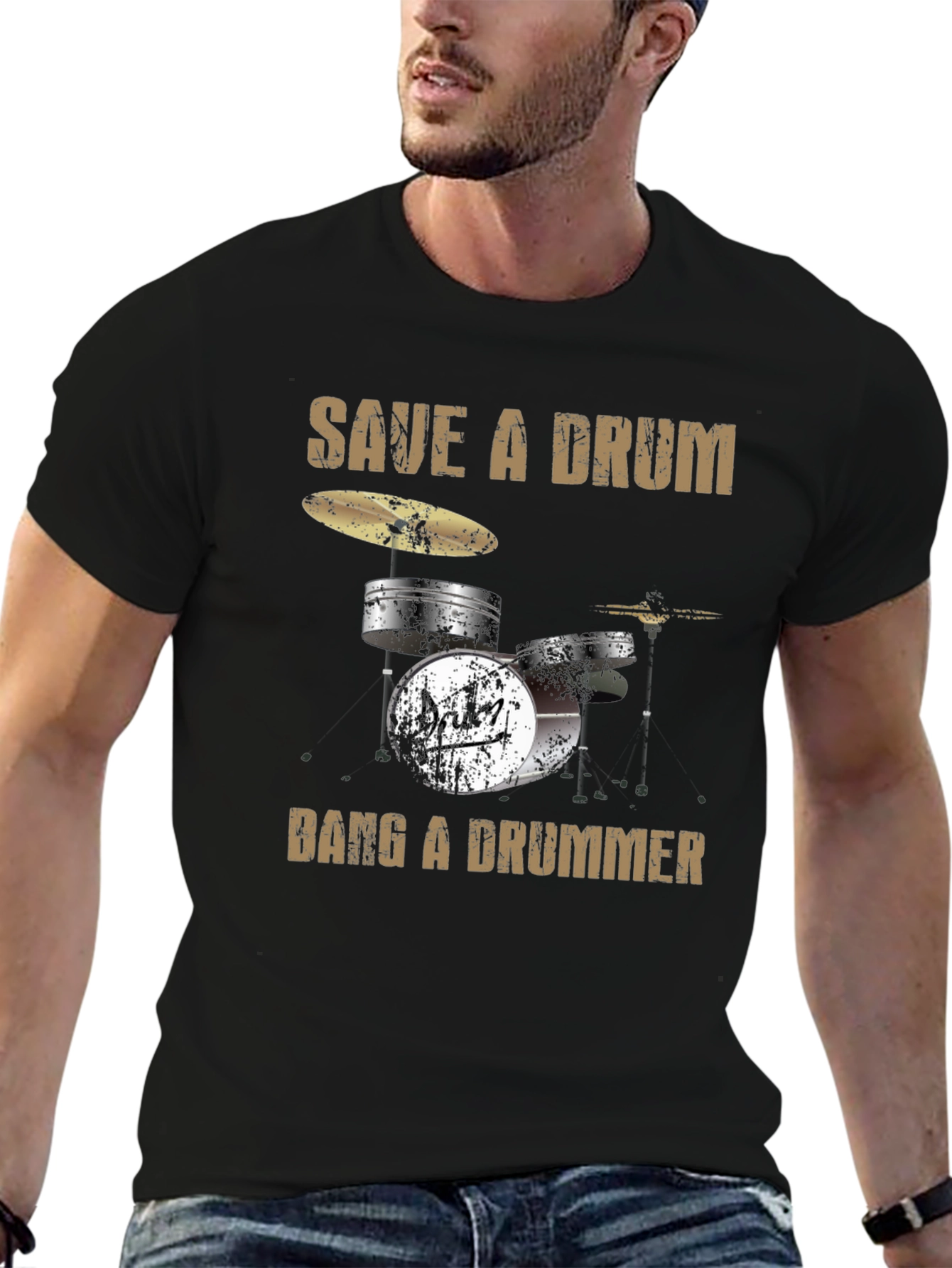 Black Save a Drum Bang a Drummer Black Graphic Tee view 6