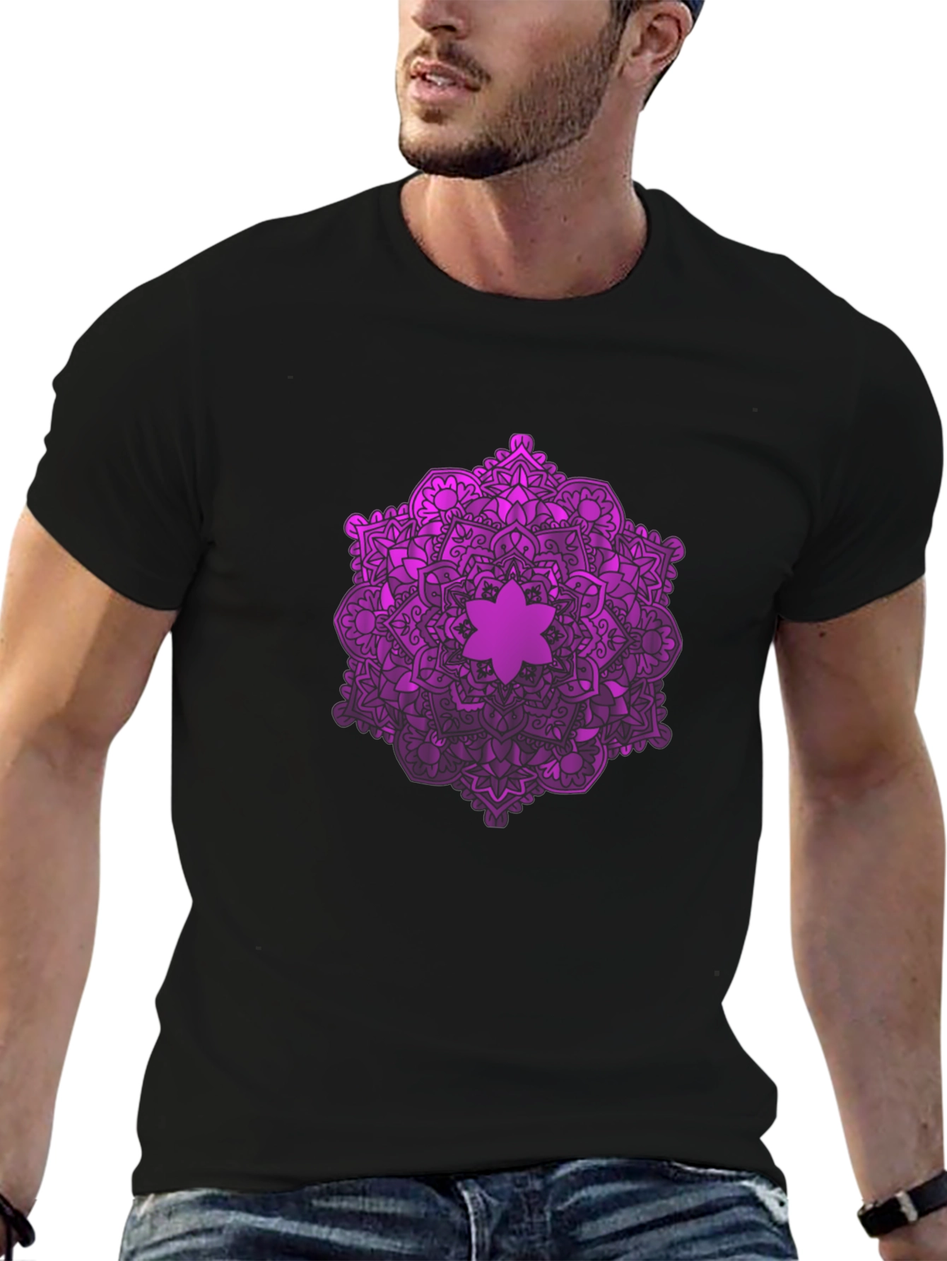 Black Purple Mandala Graphic Black T-Shirt view 6