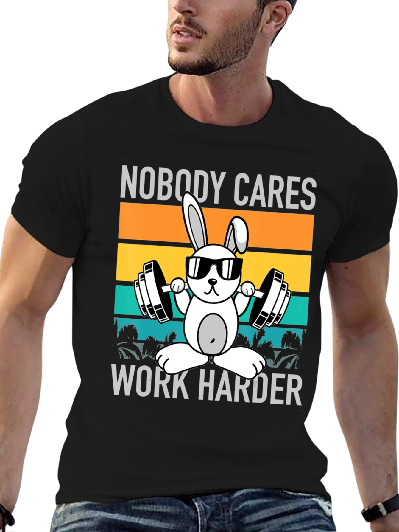 Black Funny Workout Bunny T-Shirt - Nobody Cares, Work Harder view 6