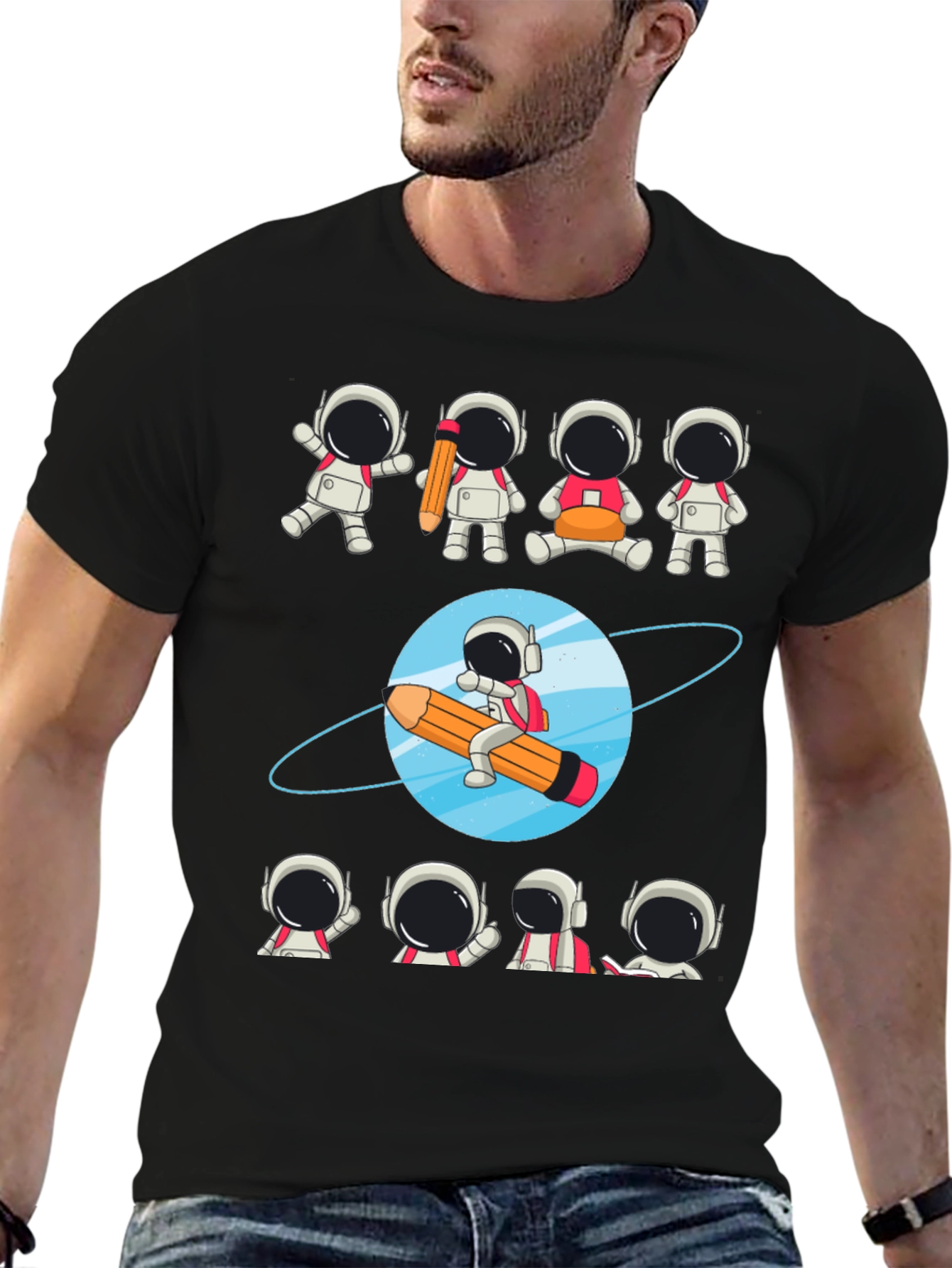Black Astronaut Pencil Planet T-Shirt - Creative Space Design view 6