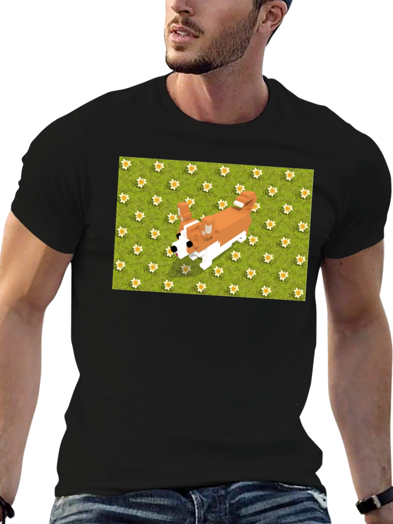 Black Pixel Dog T-Shirt - Corgi on Flowers view 6