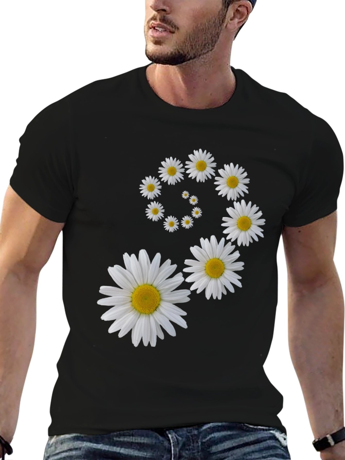 Black Daisy Spiral Graphic Black T-Shirt view 6