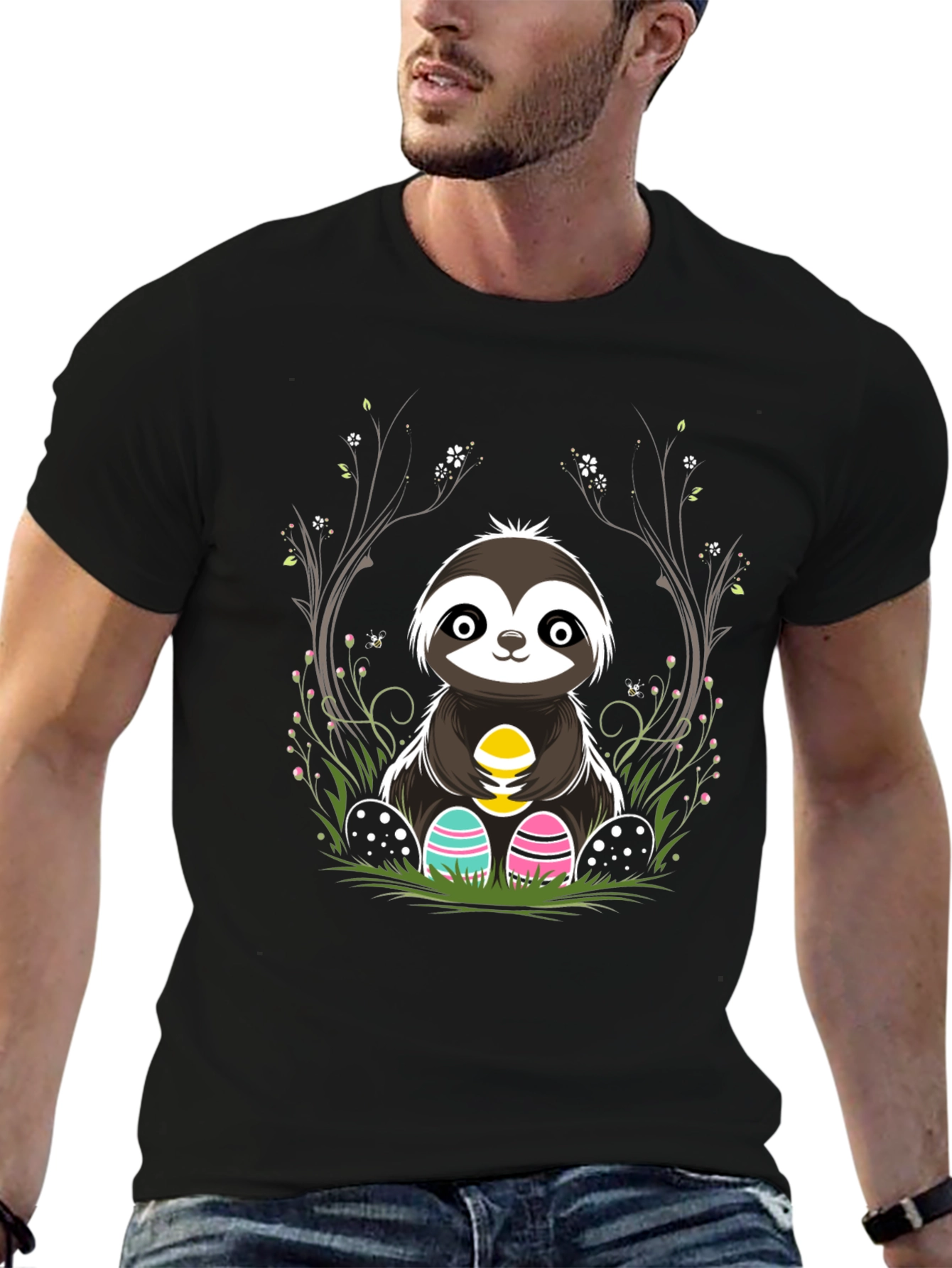 Black Cute Sloth Easter Egg T-Shirt view 6