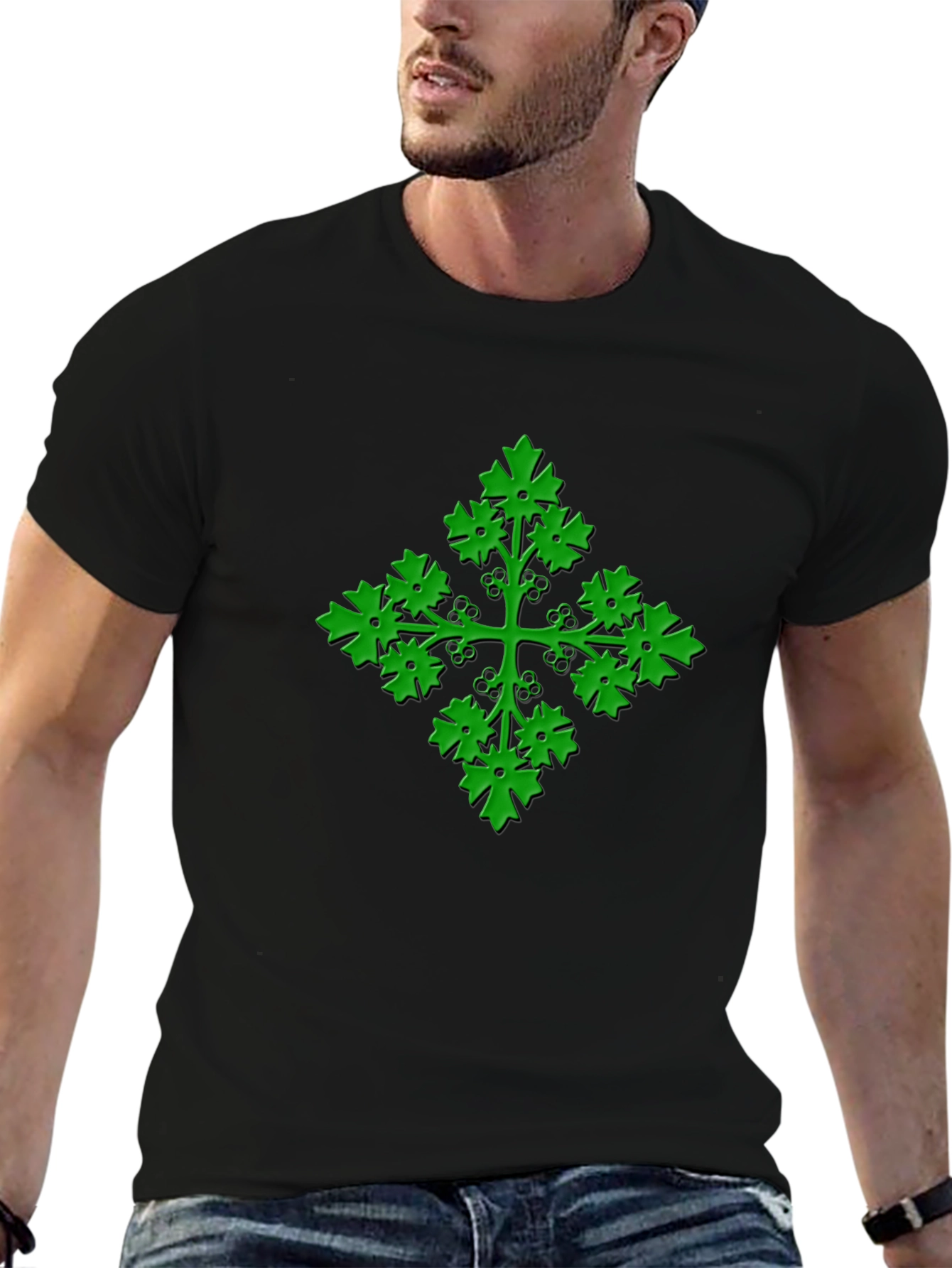 Black Green Leaf Cross Black T-Shirt view 6