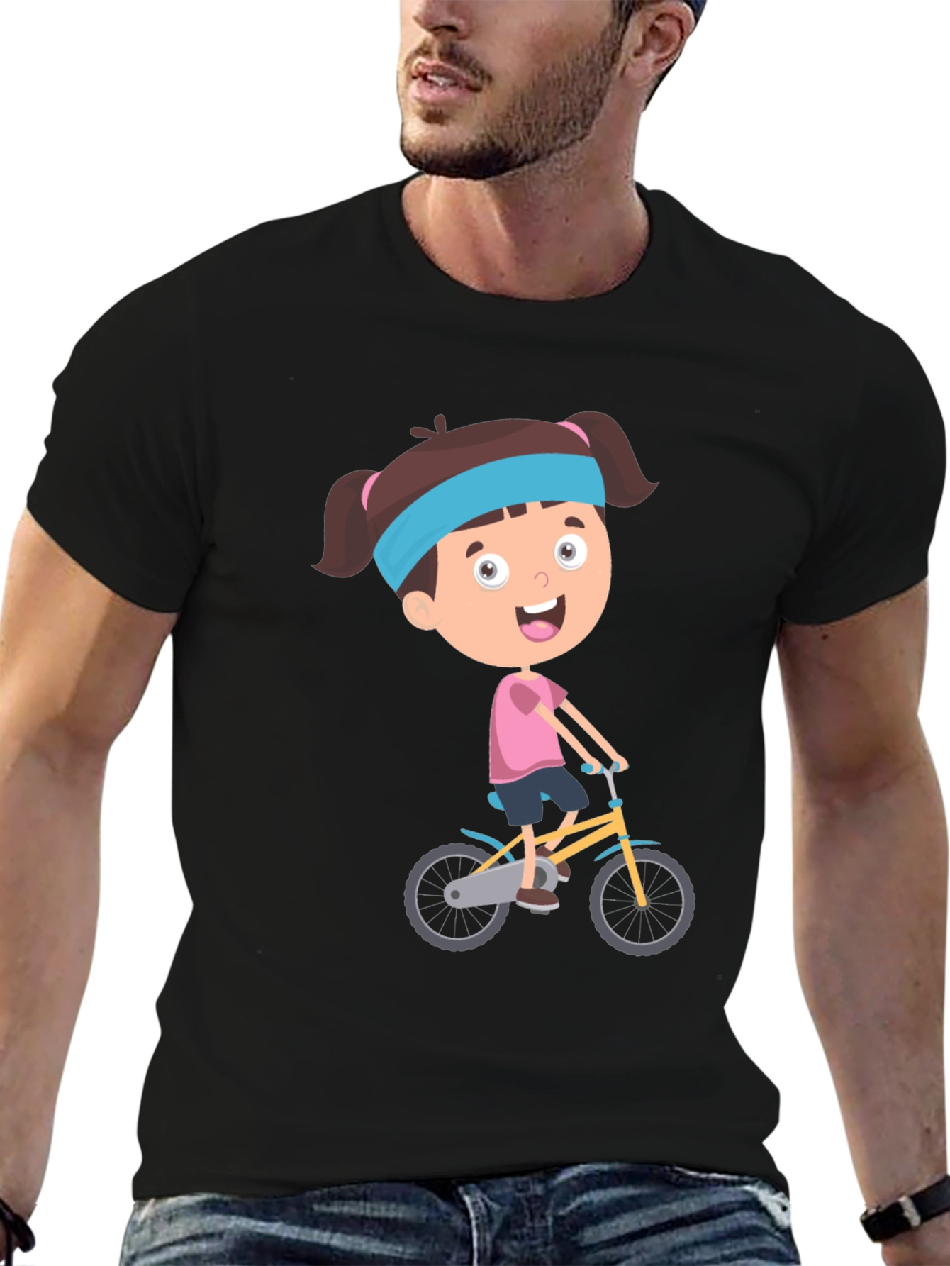 Black Cartoon Girl Biking Graphic Print Tee - Casual Comfort view 6