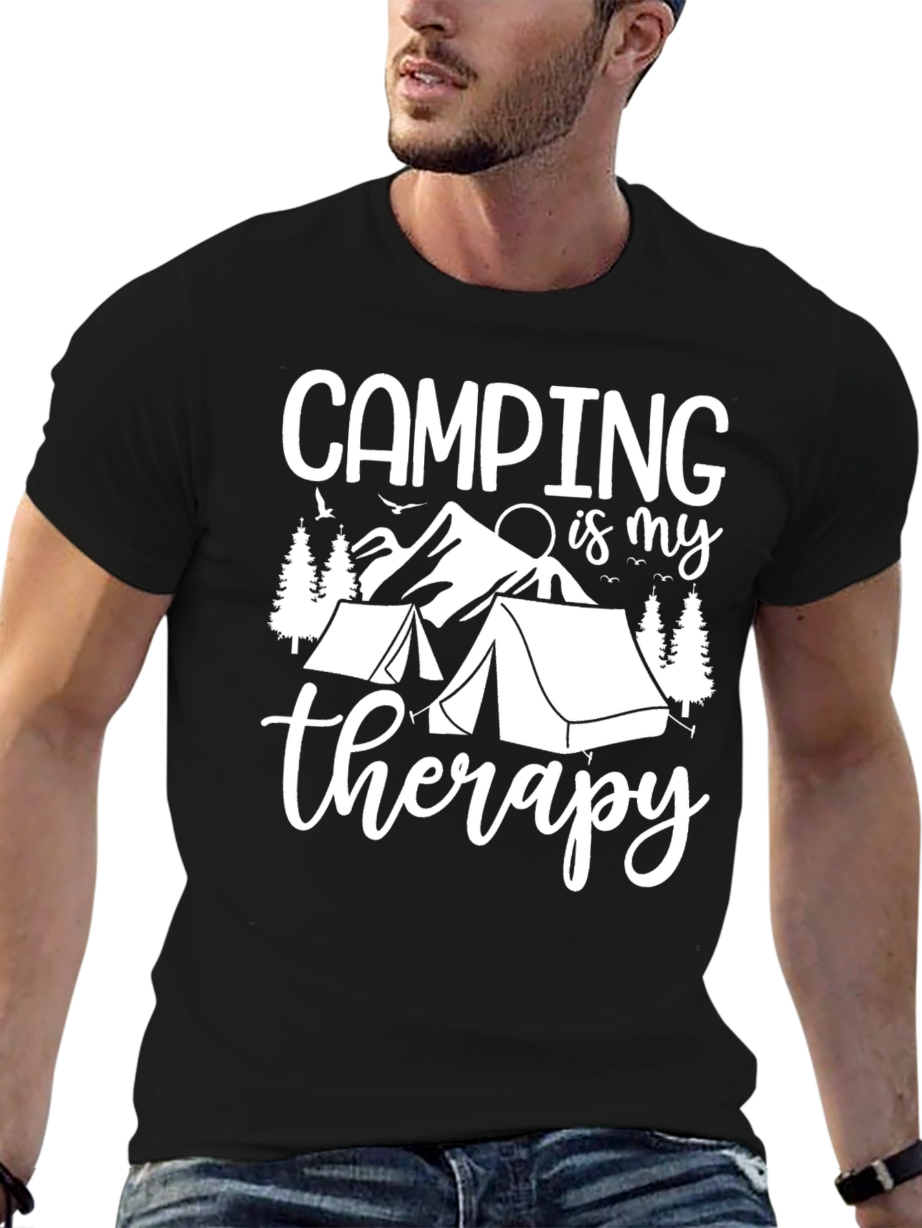 Black Camping Therapy Graphic Tee - Black Cotton T-Shirt view 6