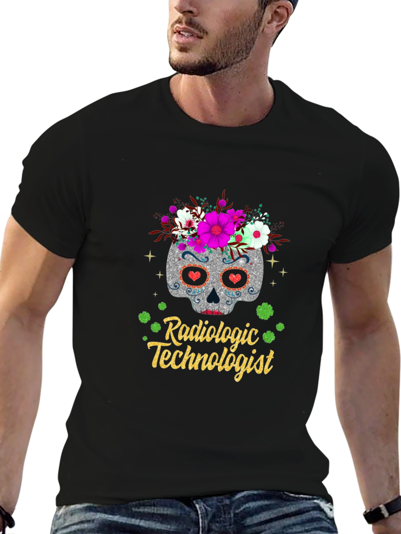 Black Radiologic Technologist Sugar Skull T-Shirt view 6