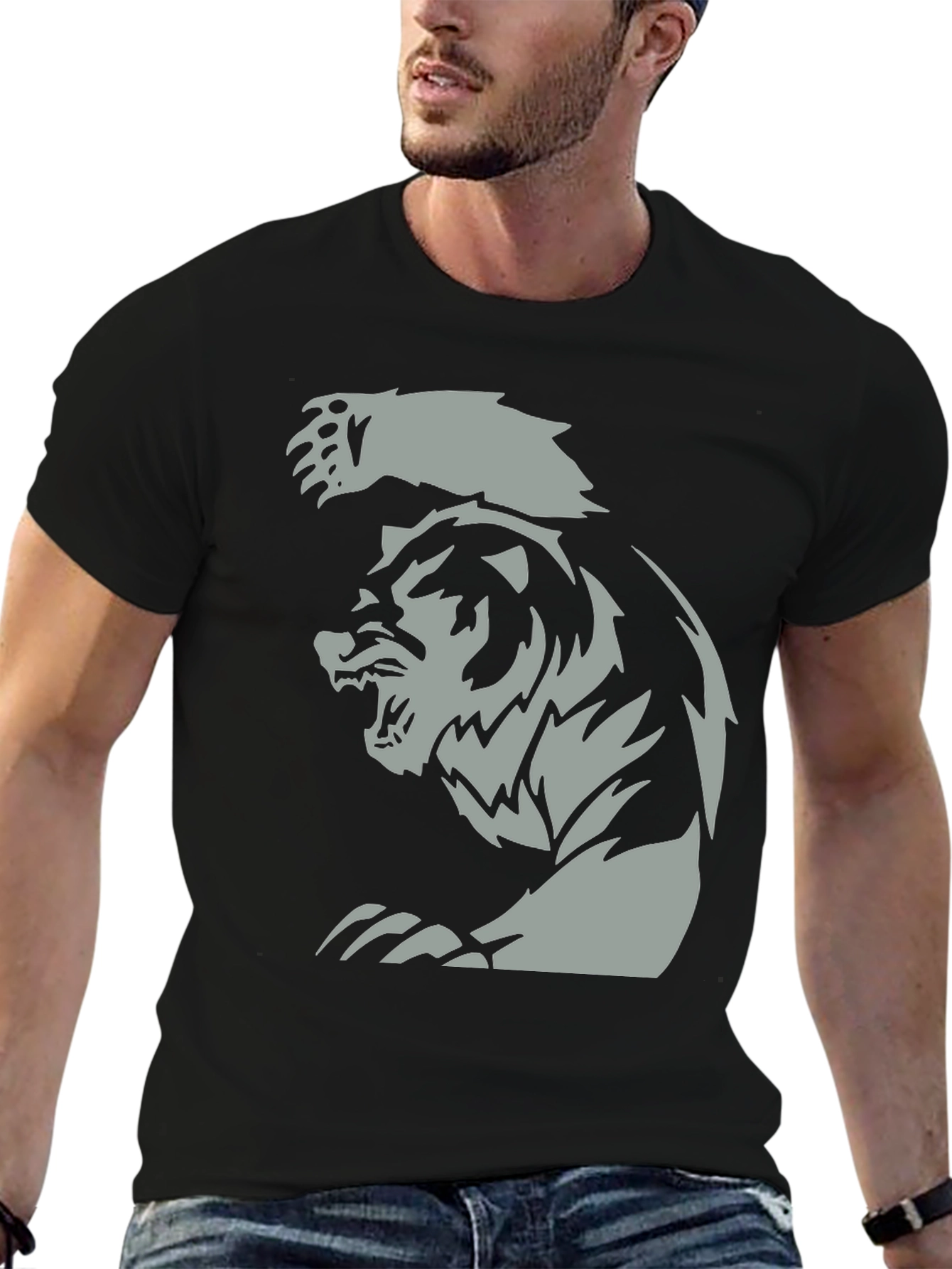 Black Men's Black T-Shirt with Fierce Bear Graphic view 6