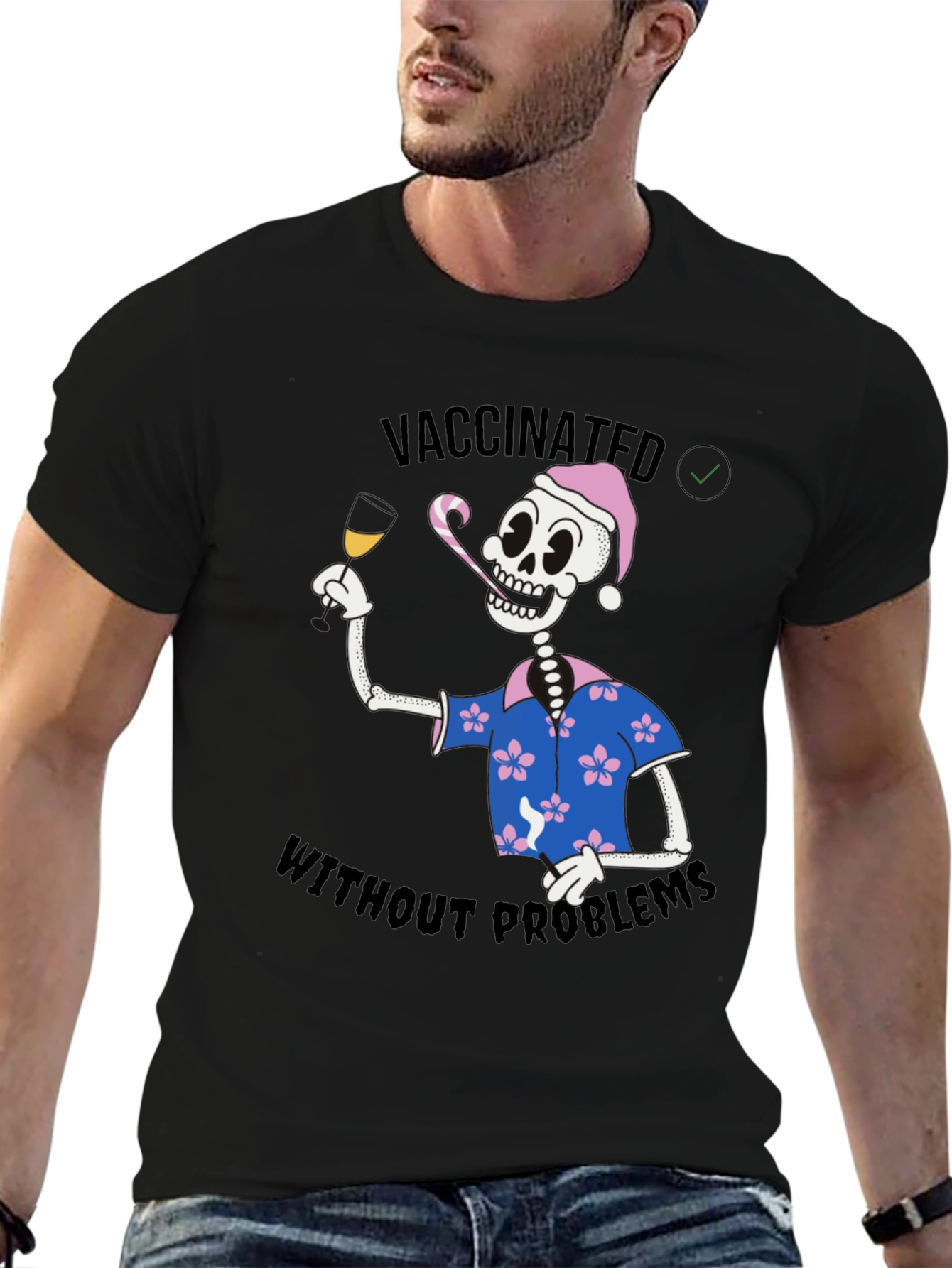 Black Vaccinated Skeleton T-Shirt - No Problems view 6