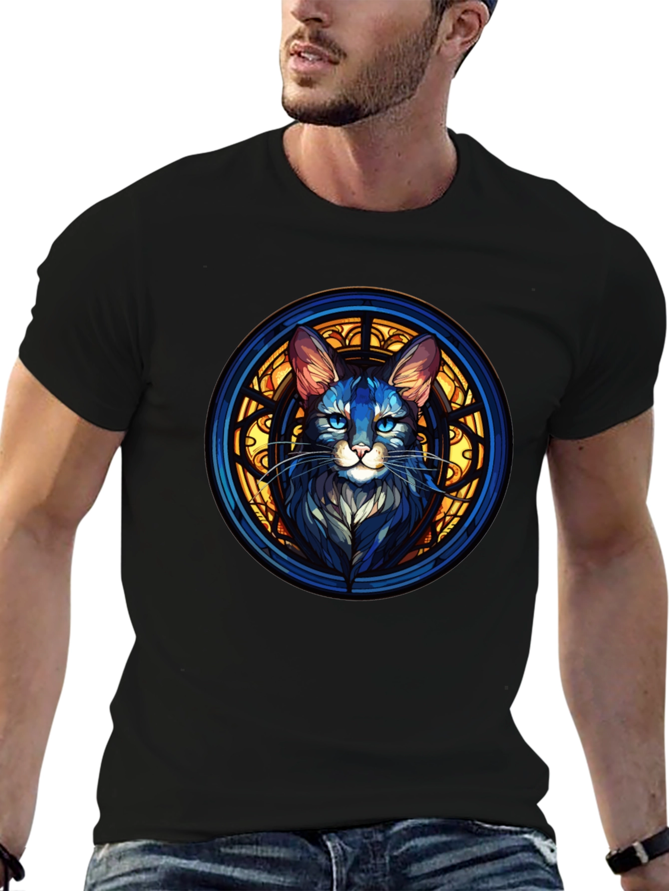 Black Stained Glass Cat Graphic Black T-Shirt view 6
