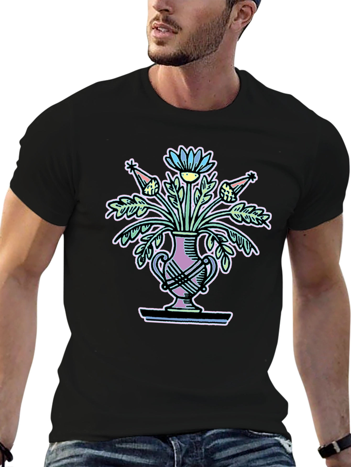Black Floral Vase Graphic Tee - Black Unisex T-Shirt view 6
