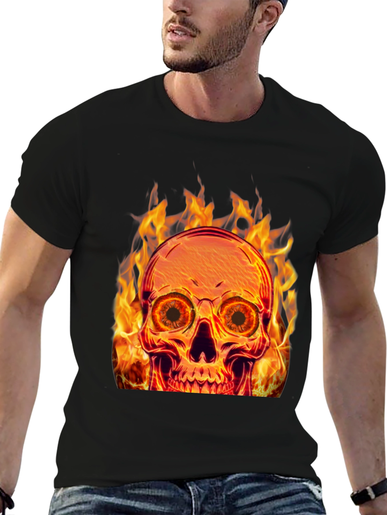 Black Flaming Skull Graphic Tee - Black Cotton Blend view 6