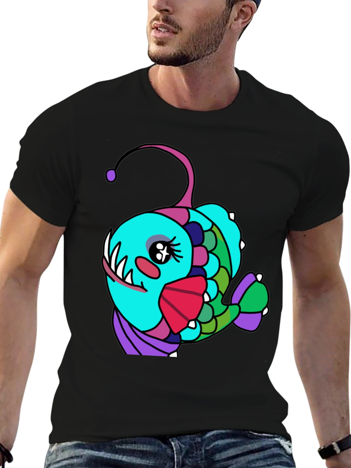 Black Anglerfish Cartoon T-Shirt - Unique Graphic Tee view 6