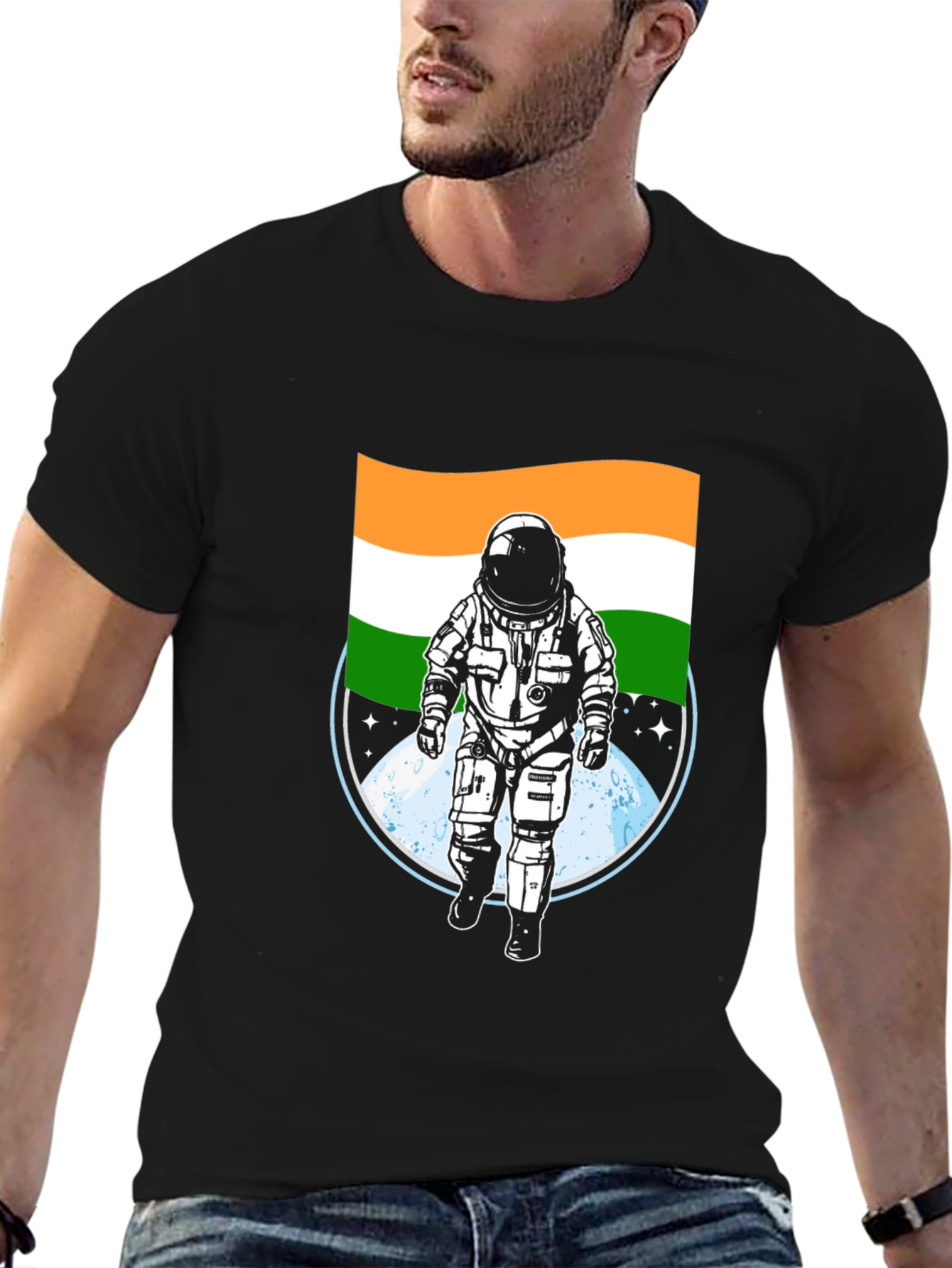 Black Astronaut India Flag Graphic Tee - Black view 6