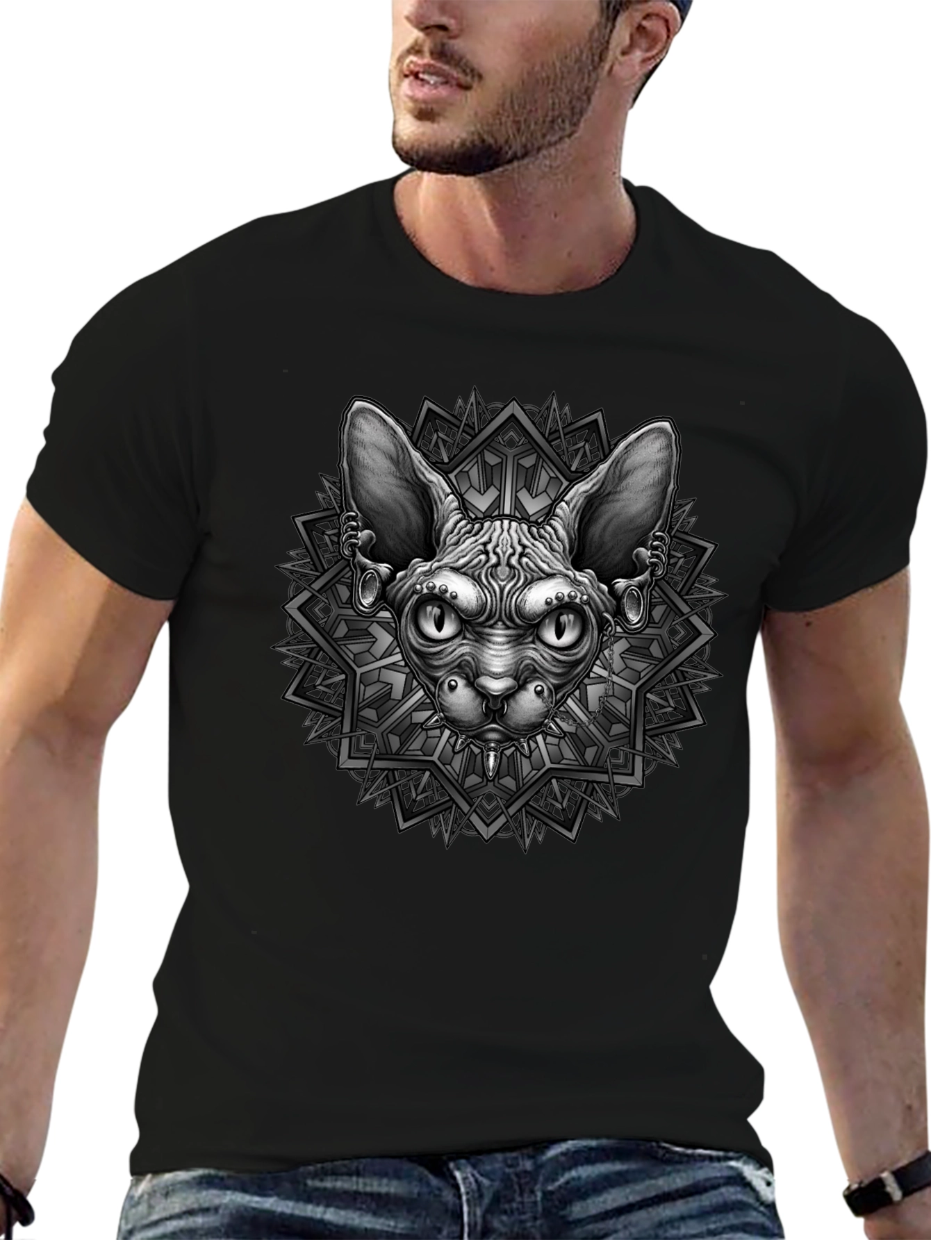 Black Sphynx Cat Graphic Tee - Unique Geometric Design view 6