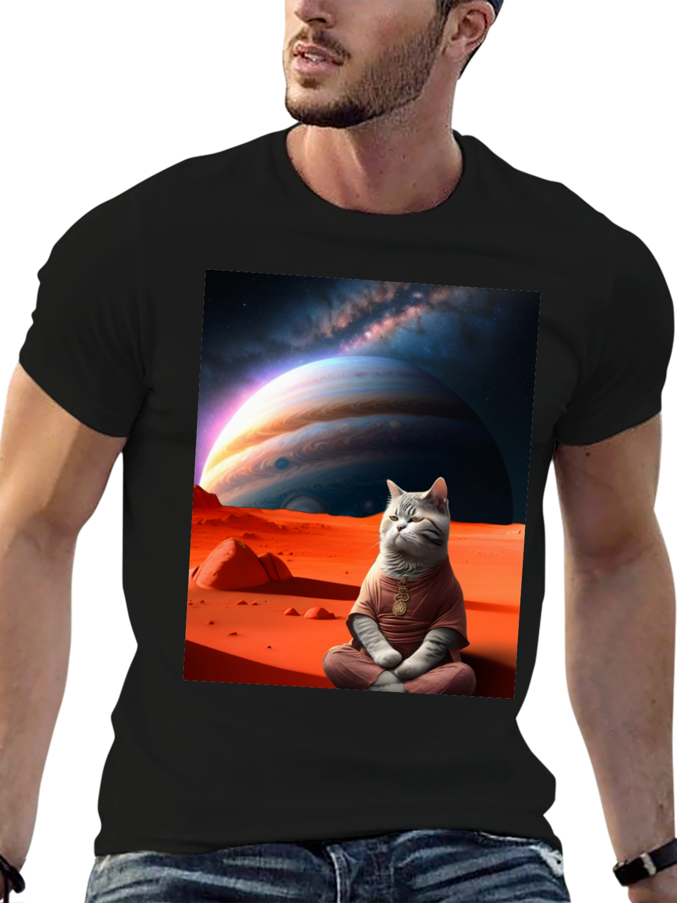 Black Zen Cat in Space Graphic Tee view 6