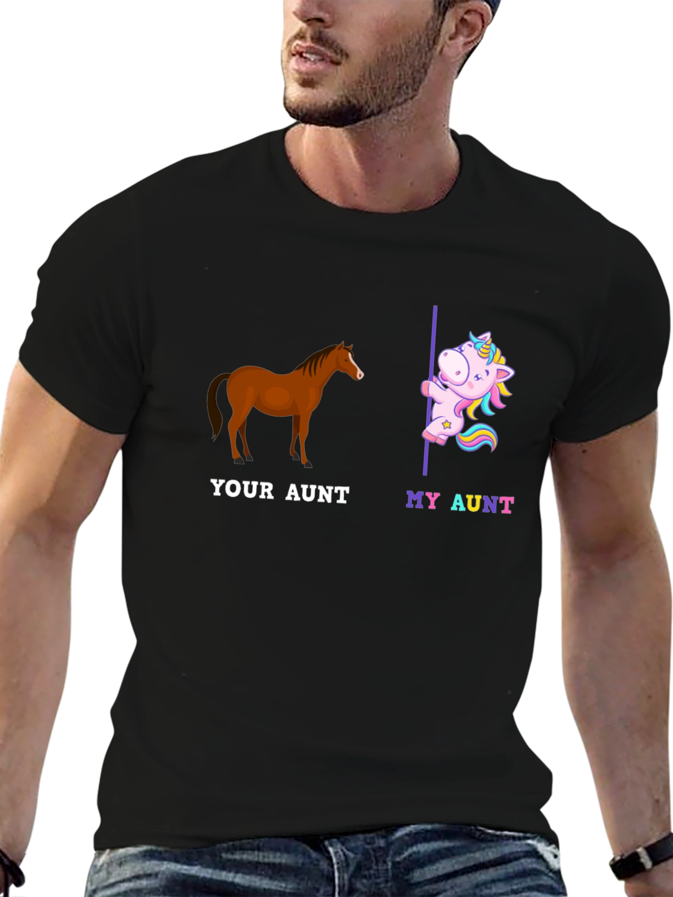 Black Funny Aunt T-Shirt - Horse and Unicorn Design view 6