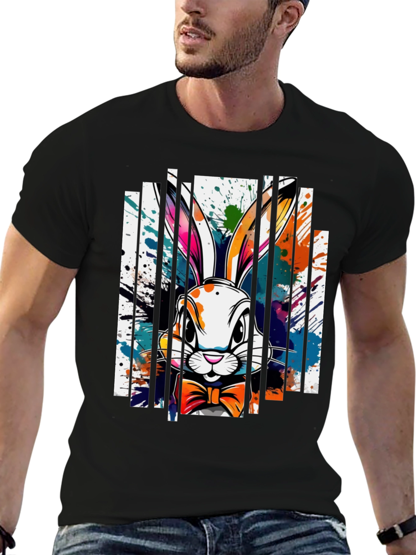 Black Stylish Rabbit Graphic Tee - Unique Colorful Design view 6