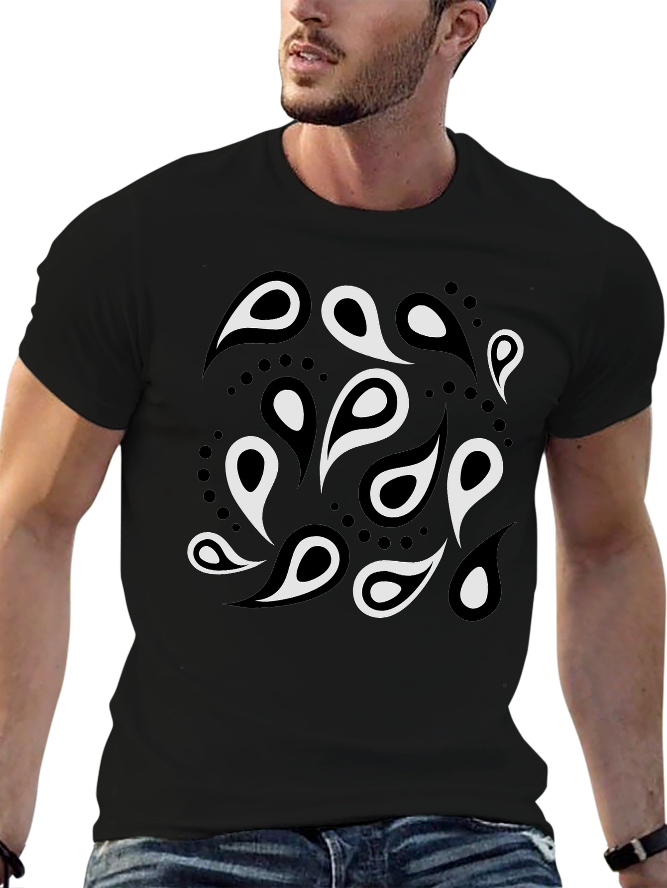 Black Paisley Print Men's Black T-Shirt view 6