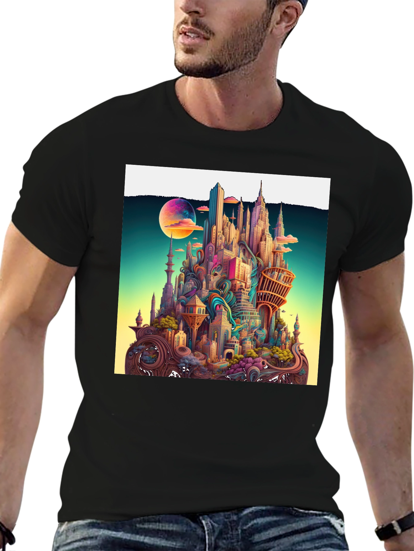 Black Whimsical Cityscape Graphic Tee - Unique Urban Fantasy Design view 6
