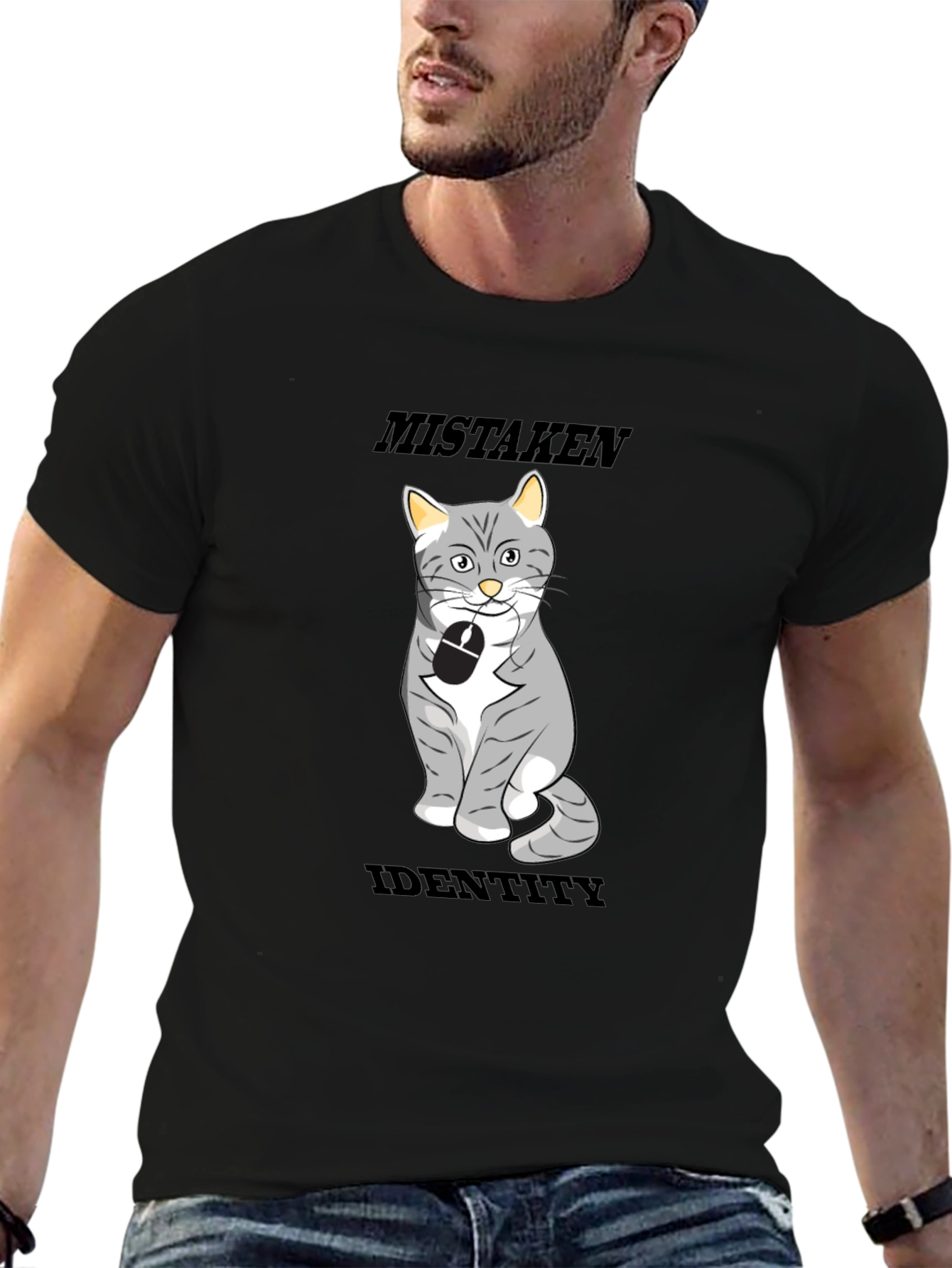 Black Mistaken Identity Cat T-Shirt, Funny Graphic Tee view 6