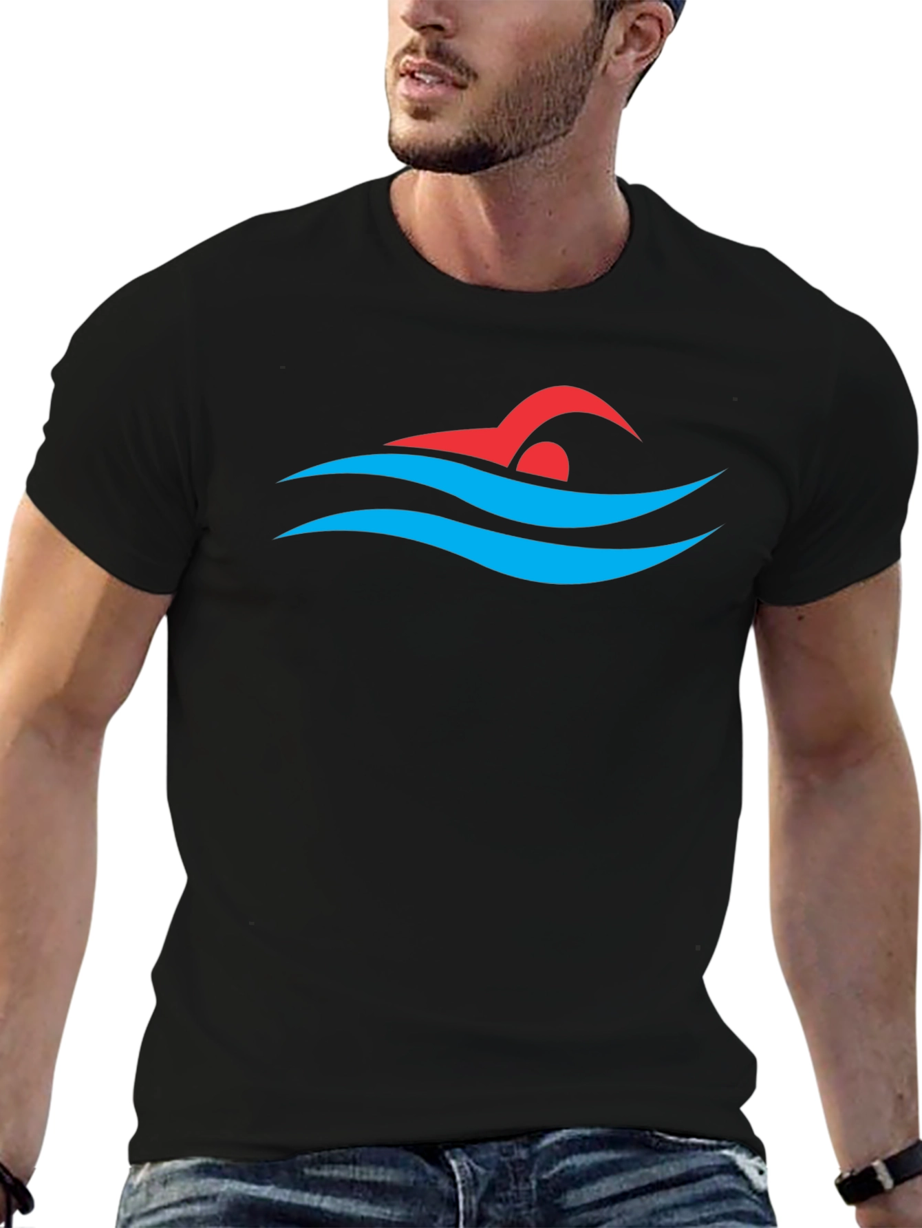 Swimmer Graphic Tee - Swim Cap and Waves Design - 6
