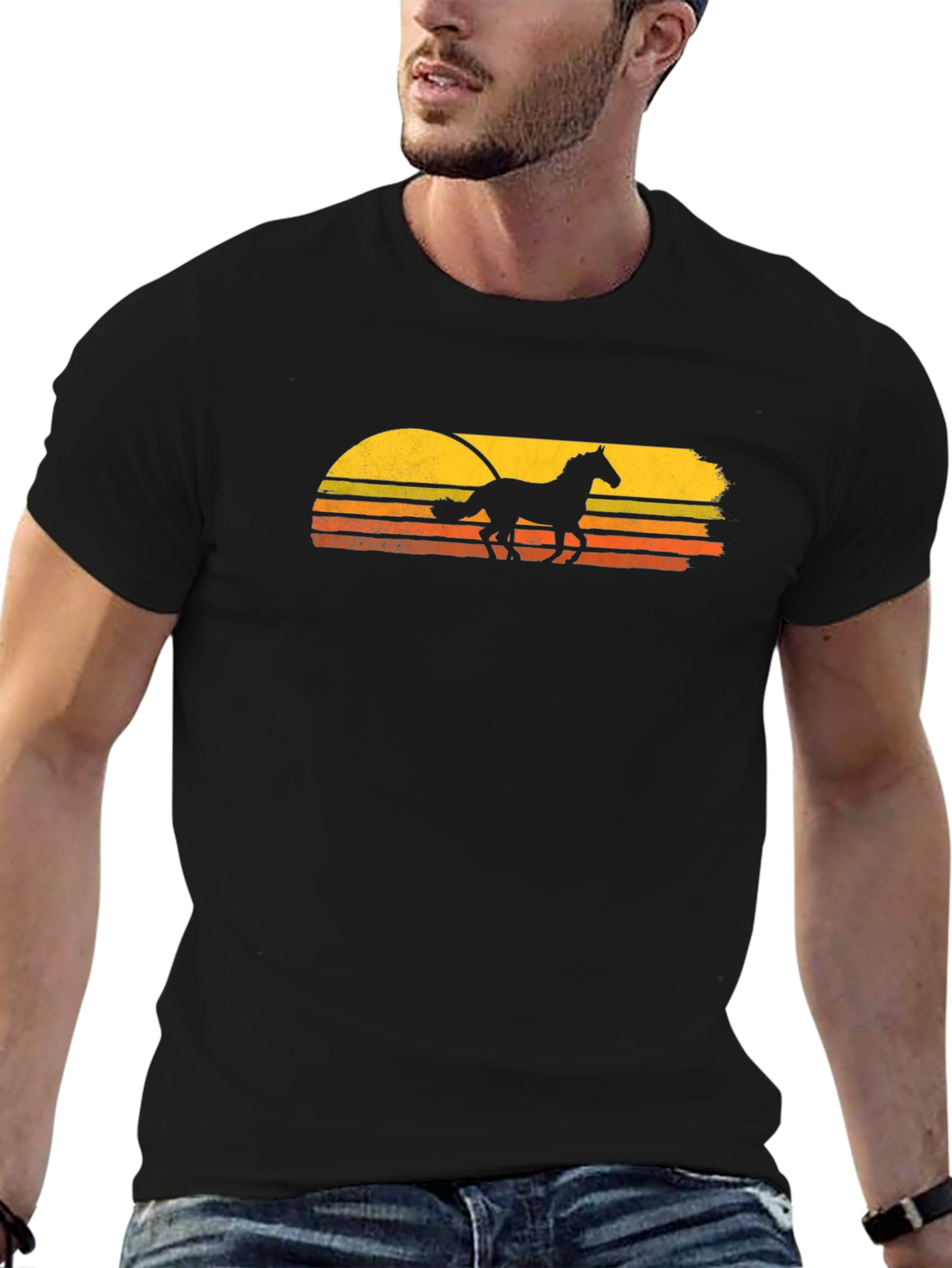 Black Horse Sunset T-Shirt - Retro Style Black Tee view 6