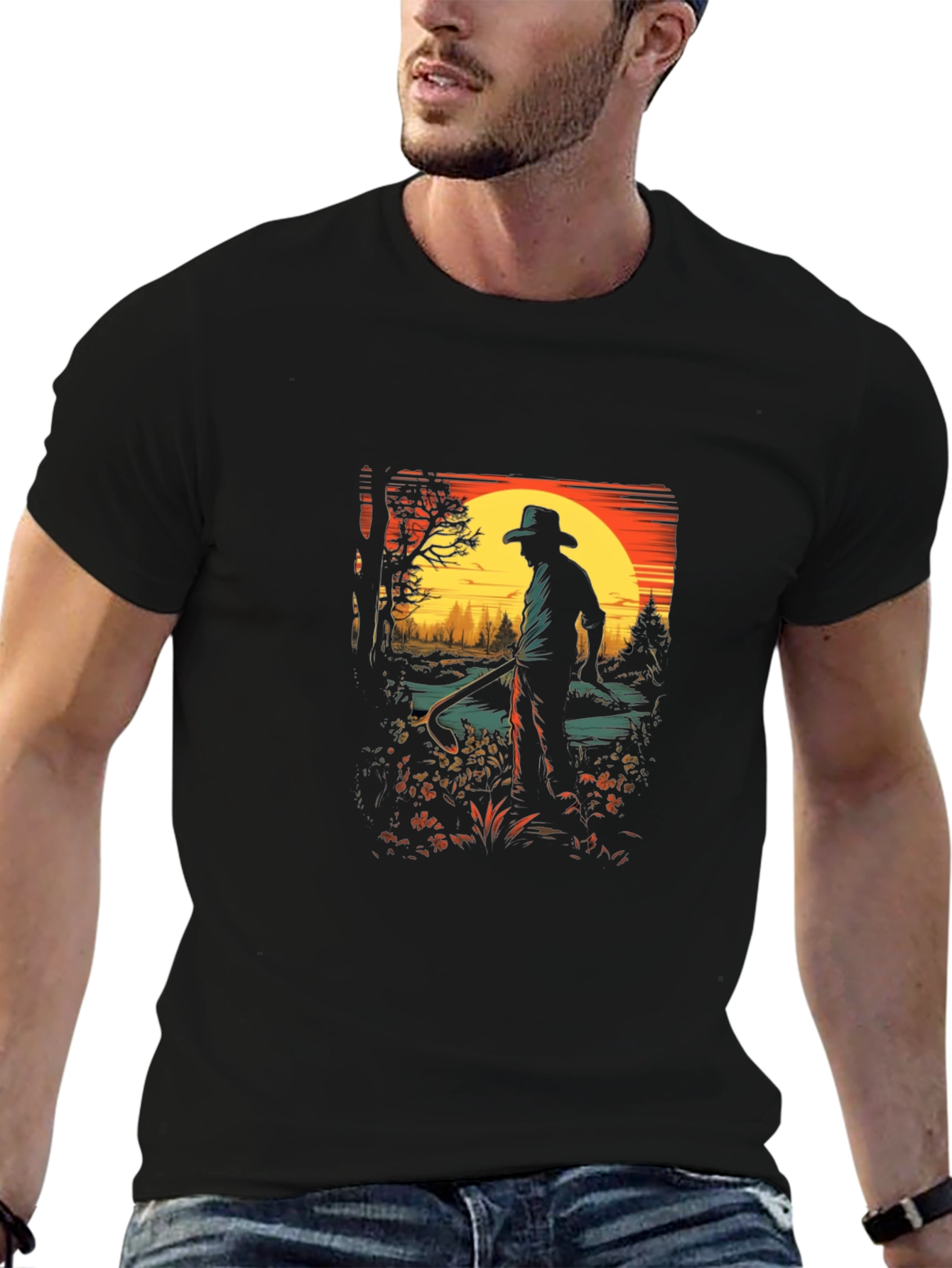Black Vintage Sunset Cowboy Graphic Tee view 6