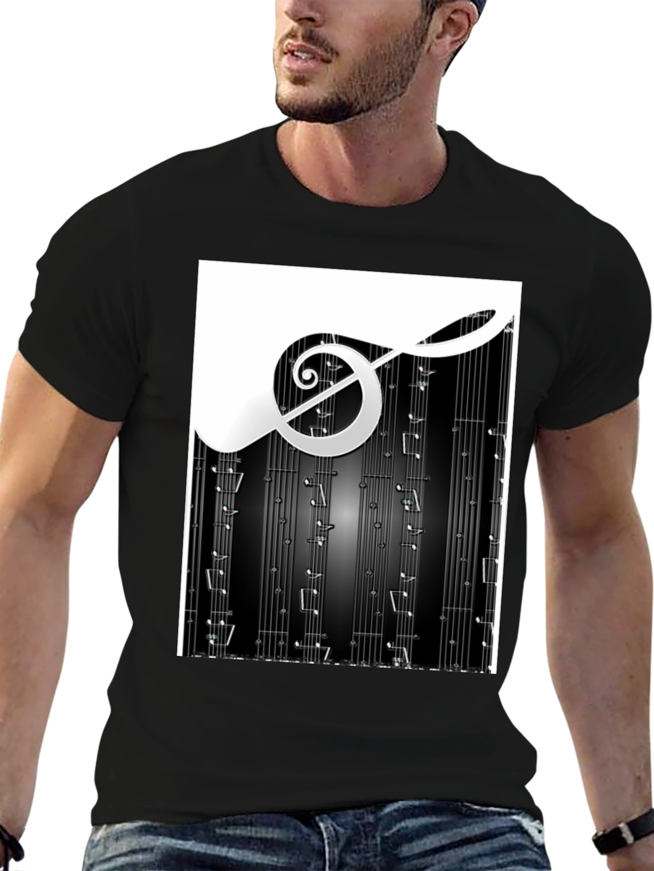 Black Music Notes Graphic Print Black T-Shirt view 6