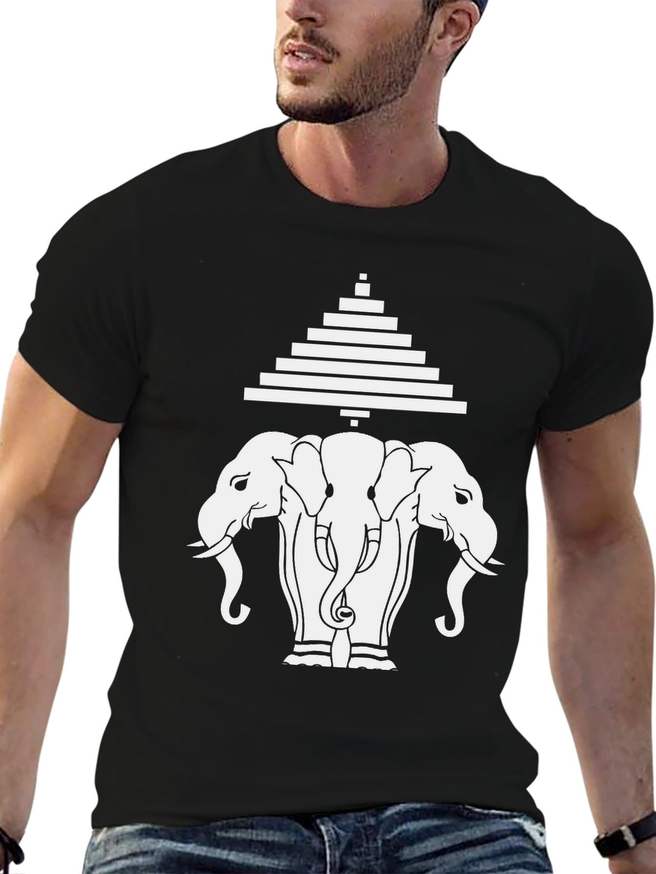 Black Three Elephant Head Graphic Black T-Shirt view 6
