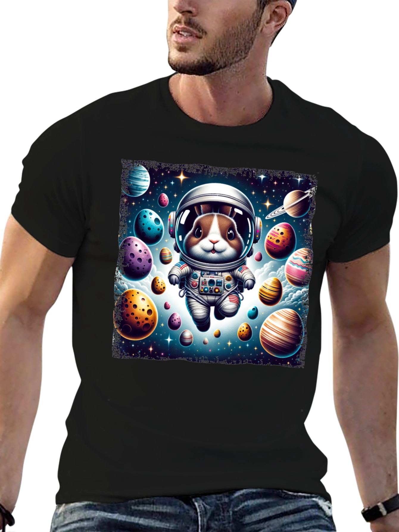 Black Space Bunny Easter Egg Universe Graphic Tee view 6