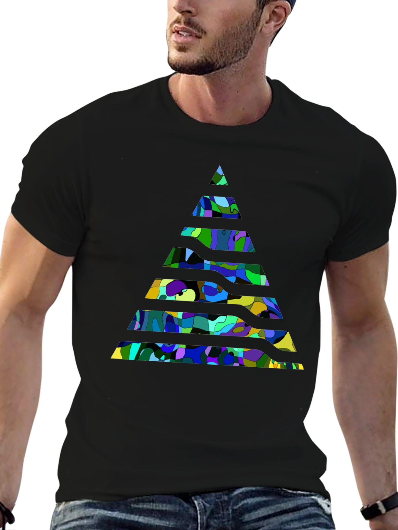 Black Abstract Geometric Pyramid Black T-Shirt view 6