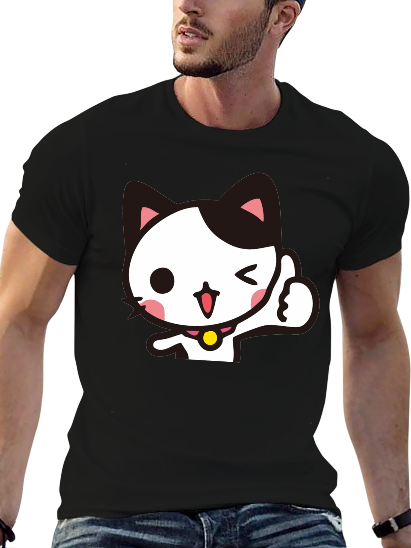Black Cool Black T-Shirt with Cute Winking Cat Graphic view 6