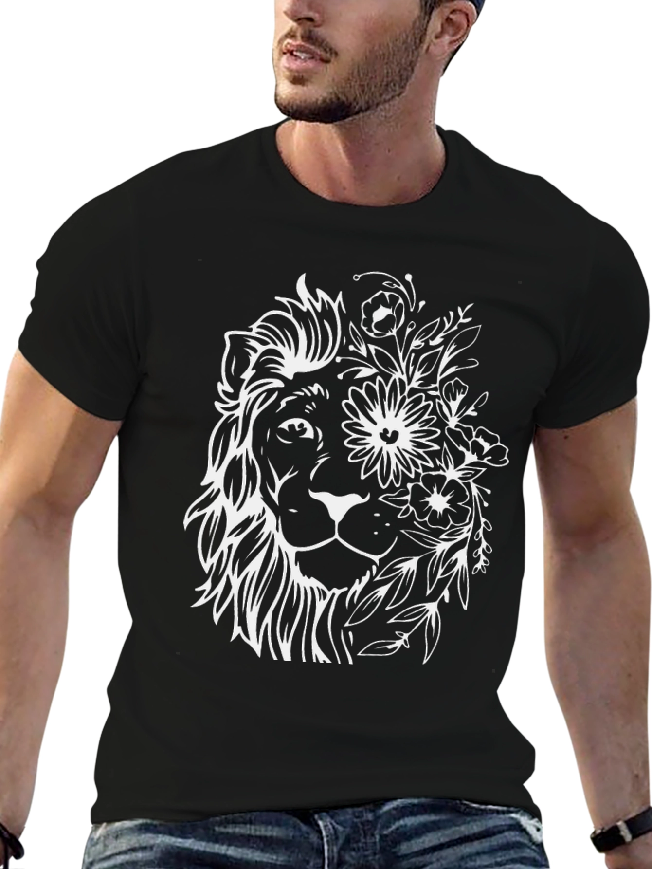 Black Floral Lion Graphic Tee - Black Cotton Blend view 6