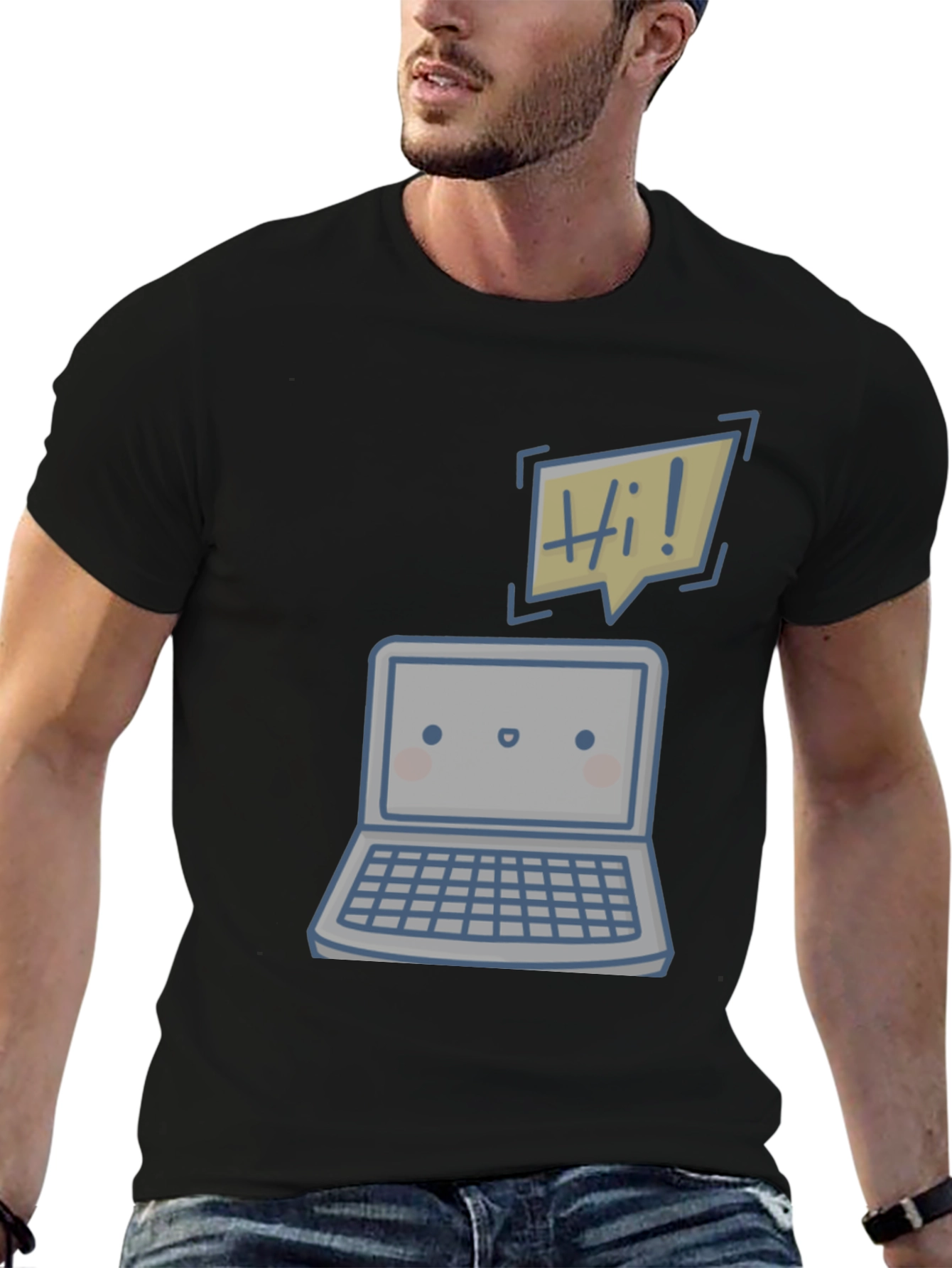 Black Cute Laptop "Hi!" Graphic Tee view 6